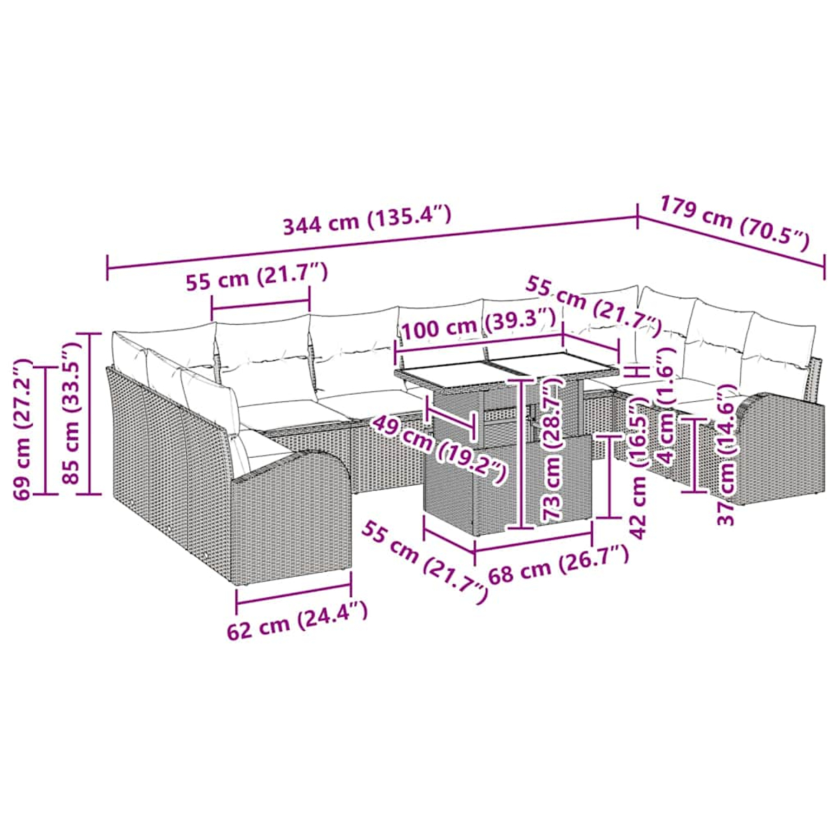 Ein Diagramm eines Ecksofas mit Abmessungen in Zentimetern, einschließlich eines zentralen Tisches im Sitzbereich.