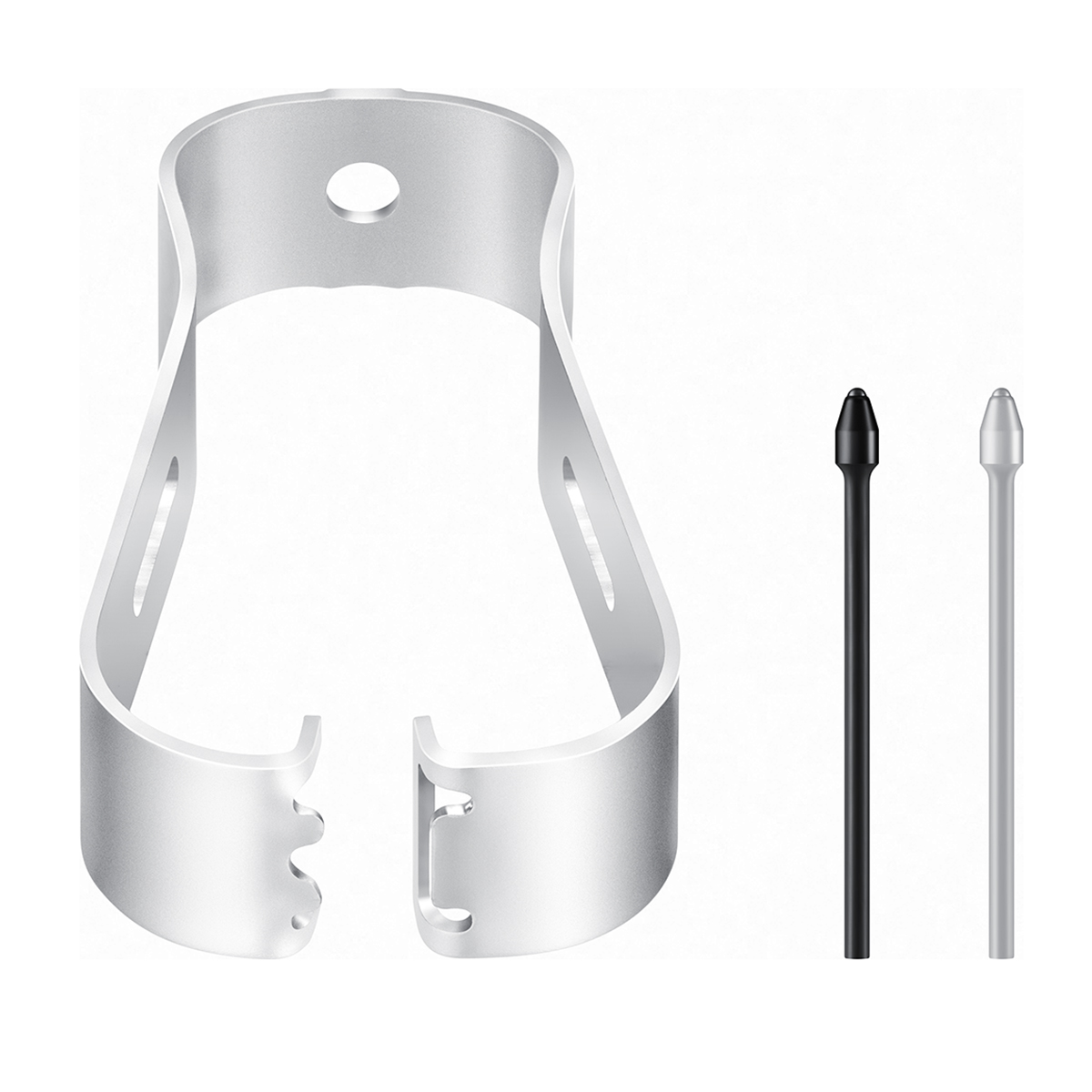 Pokazany jest srebrny klips i dwie końcówki rysika. Jedna końcówka jest czarna, druga srebrna. Wszystko na białym tle.