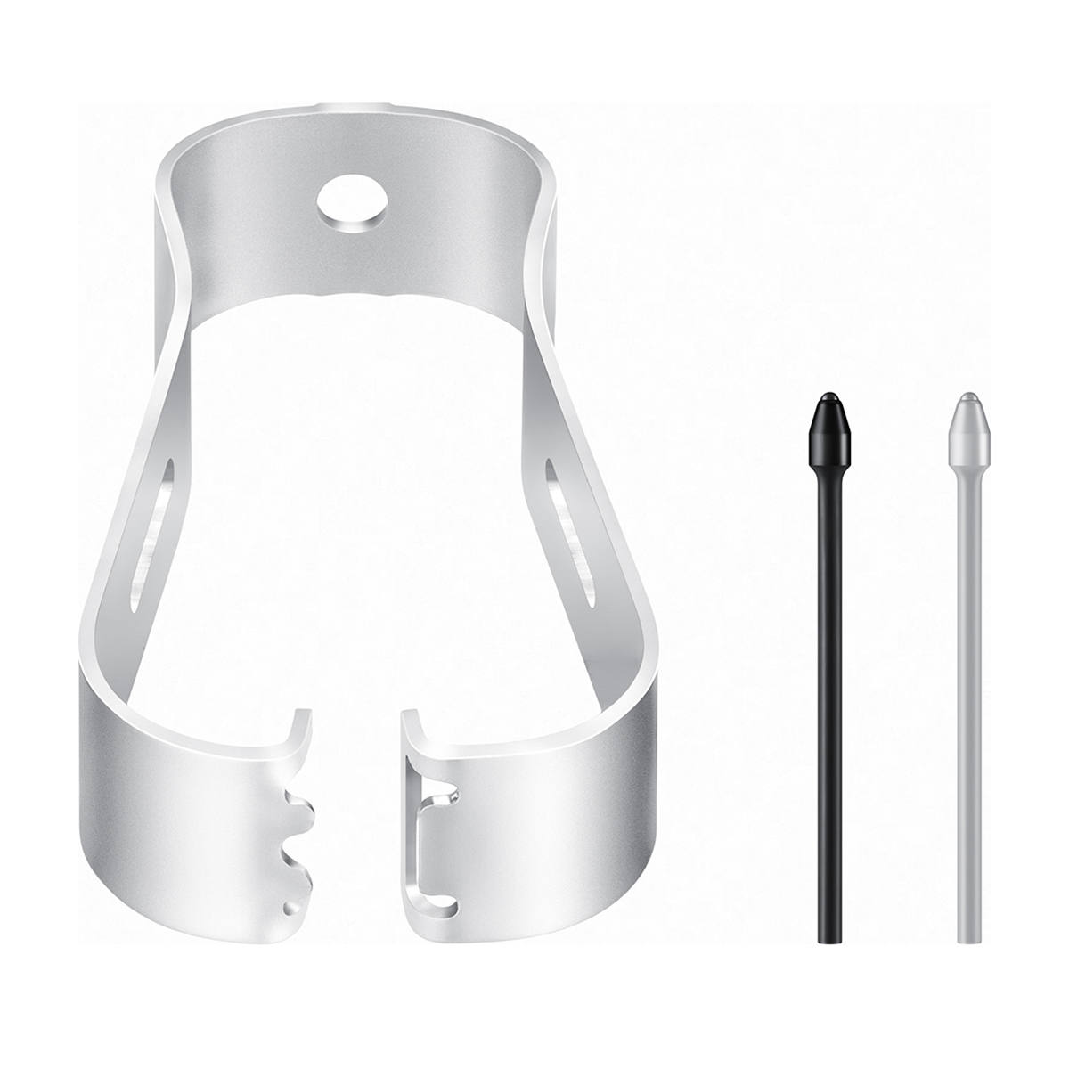 Srebrny uchwyt na rysik i dwa rysiki, czarny i srebrny, białe tło.