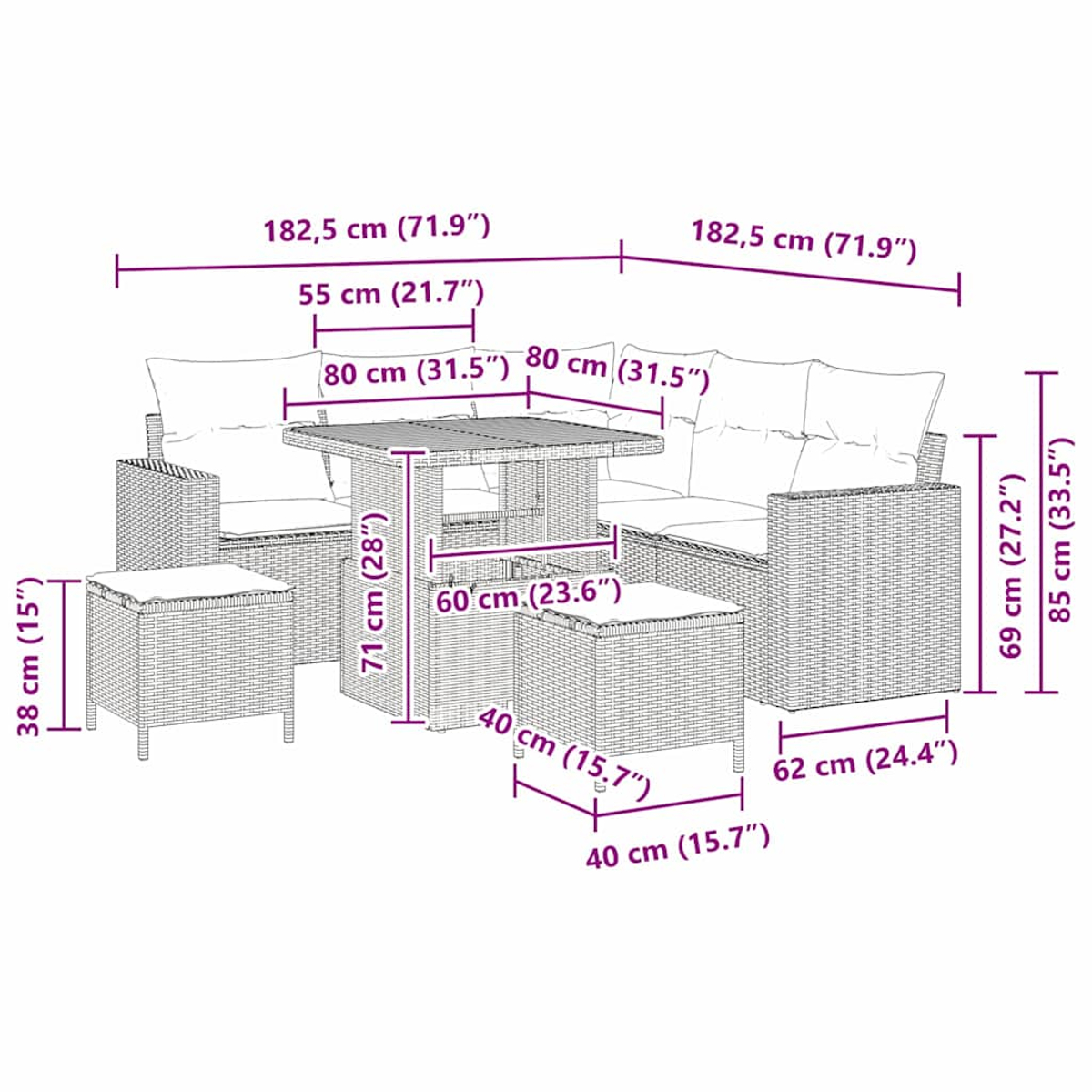 Diagramm eines Rattan-Gartenmöbelsets mit Maßen. Es hat ein Sofa, einen Tisch und zwei Hocker.