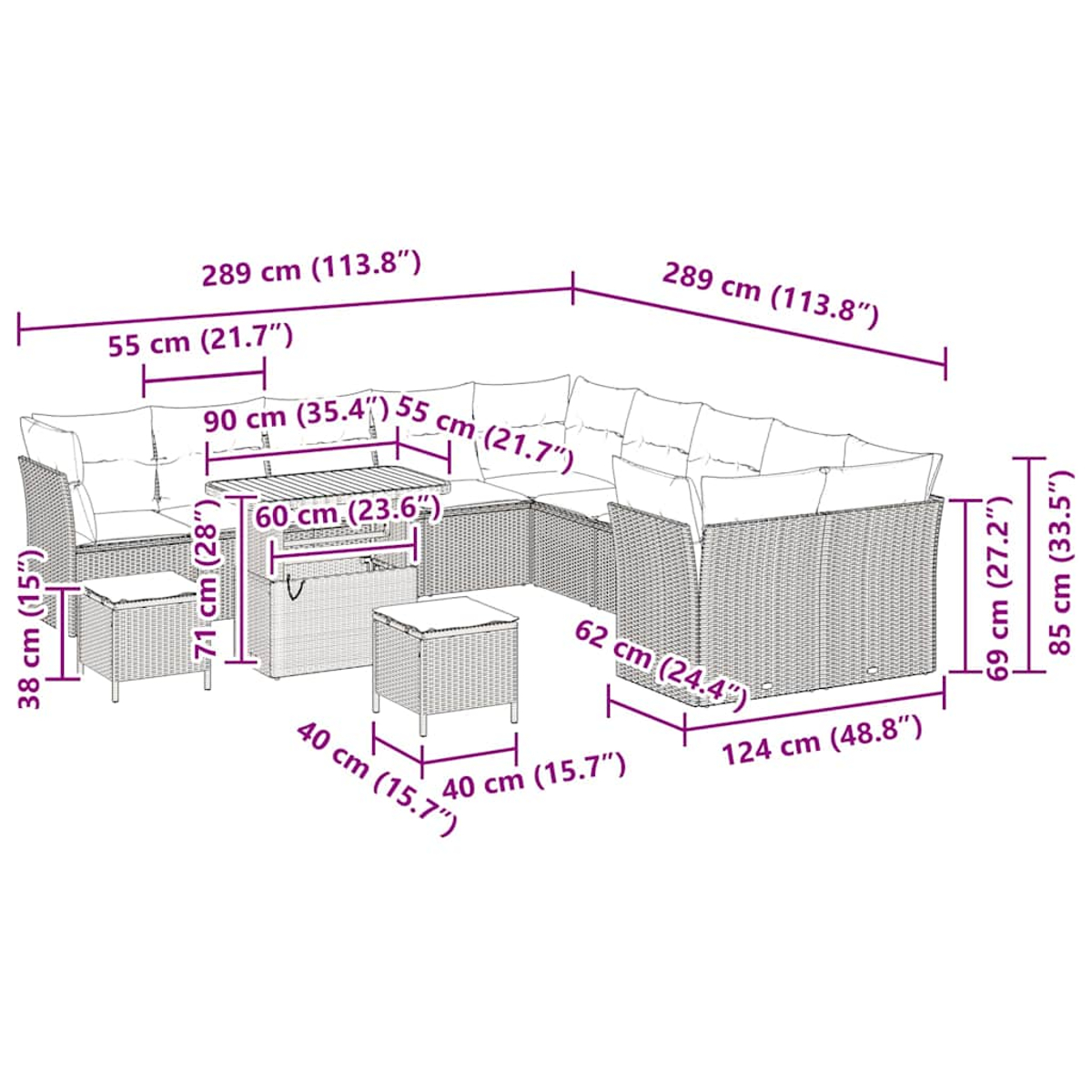 Diagramm eines Rattan-Gartenmöbelsets mit Maßen, mit einem Sofa, einem Tisch und zwei Hockern.