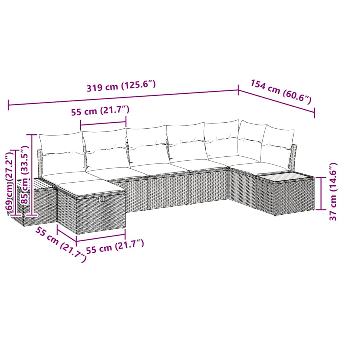 Großes Outdoor-Sofaset aus Korbgeflecht mit Maßen. Besteht aus mehreren Teilen und einem kleinen Tisch.