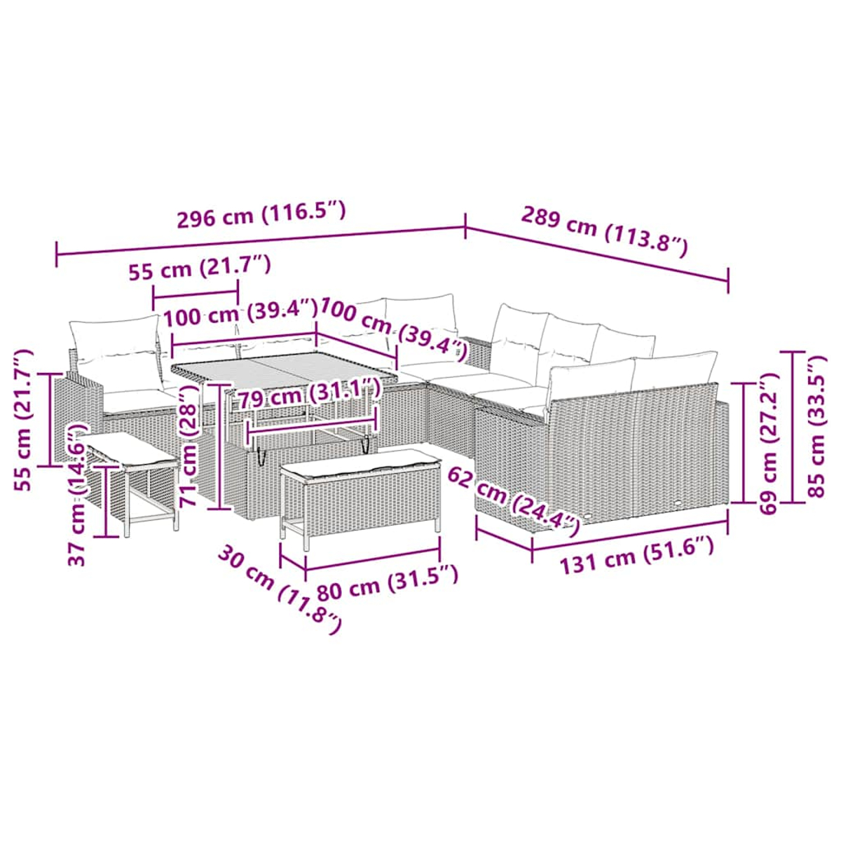 Gartenmöbel-Set aus Korbgeflecht mit Tisch, Hockern und L-Sofa, mit Maßen.
