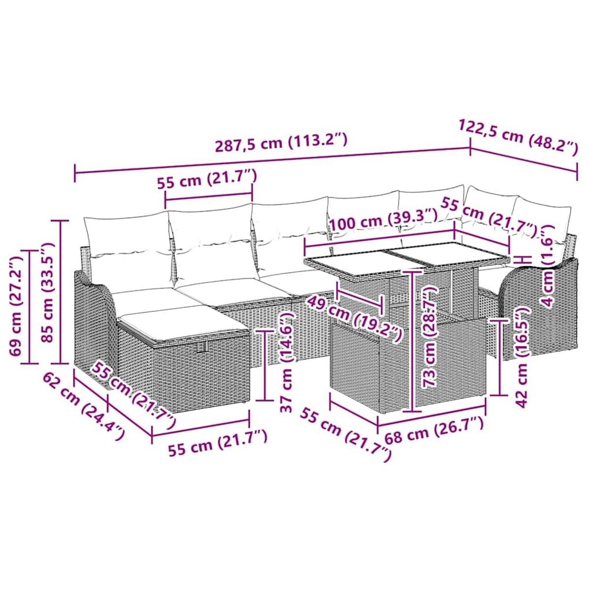 Gartenmöbel-Set aus Korbgeflecht mit Maßen, einschließlich Tisch, Hocker und L-förmiger Sitzgruppe.