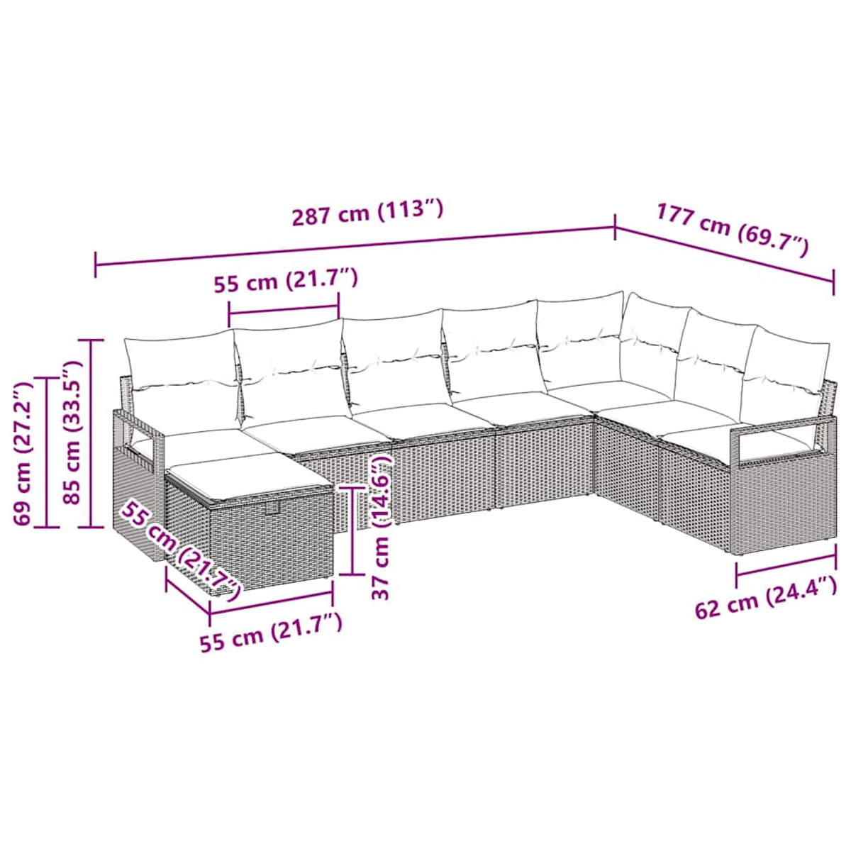 Ecksofa aus Korbgeflecht, Maße in Zoll, auf weißem Hintergrund. Beistelltisch und Ottomane inklusive.