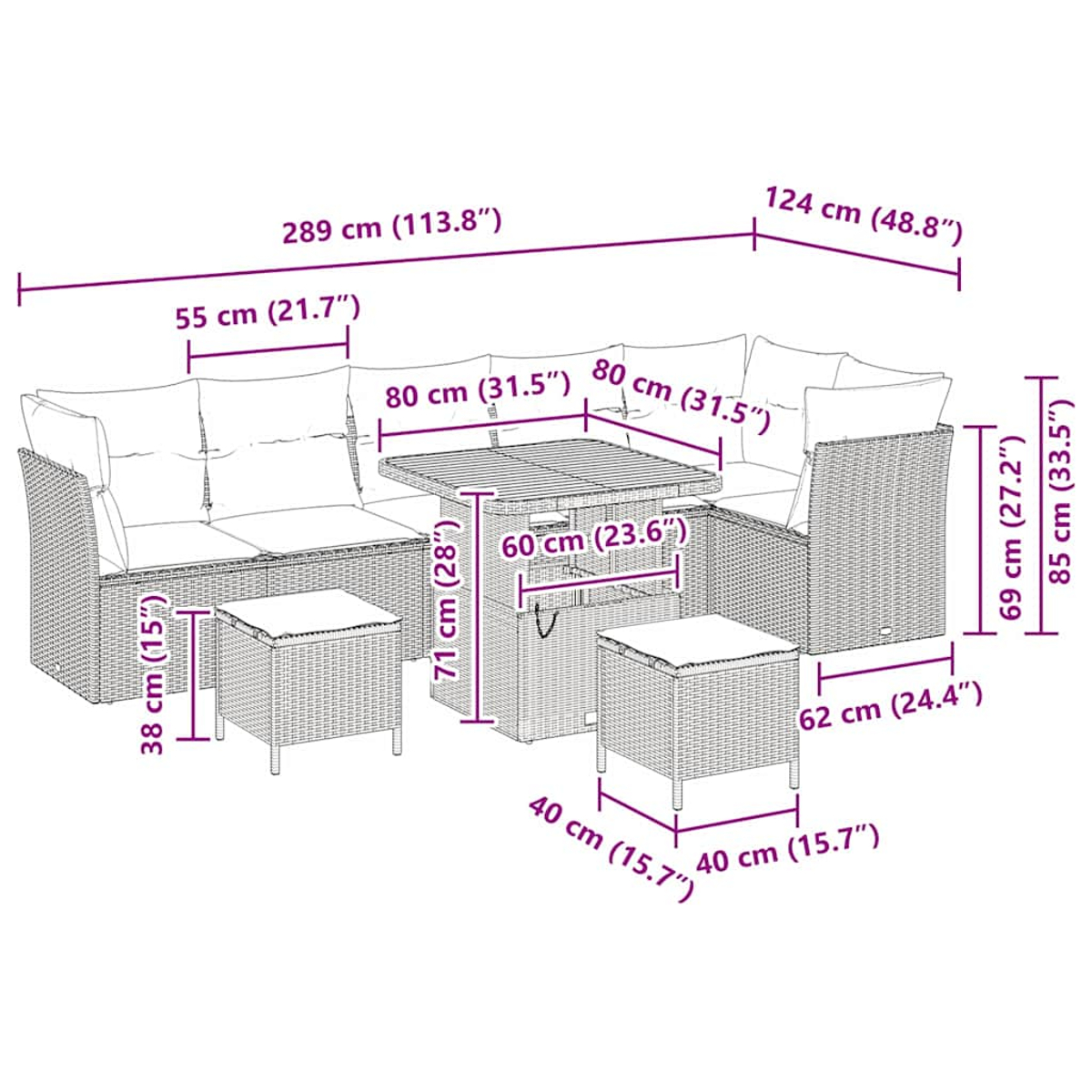 Outdoor-Ecksofa-Set aus Korbgeflecht mit Tisch und Ottomanen, Maße in Zoll, auf weißem Hintergrund.