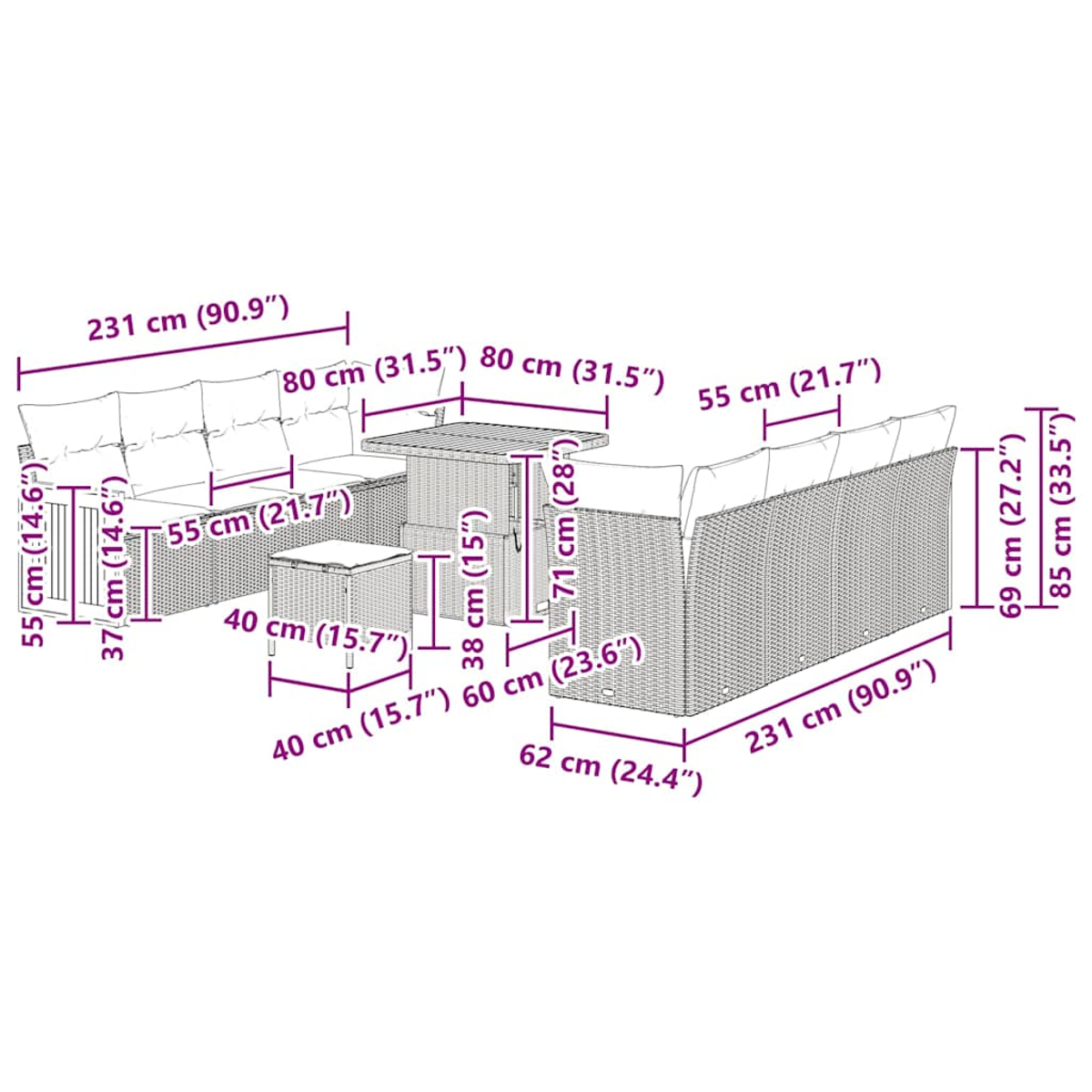 Outdoor-Ecksofa-Set mit Maßen, einem Tisch und einem kleinen Beistelltisch auf weißem Hintergrund.