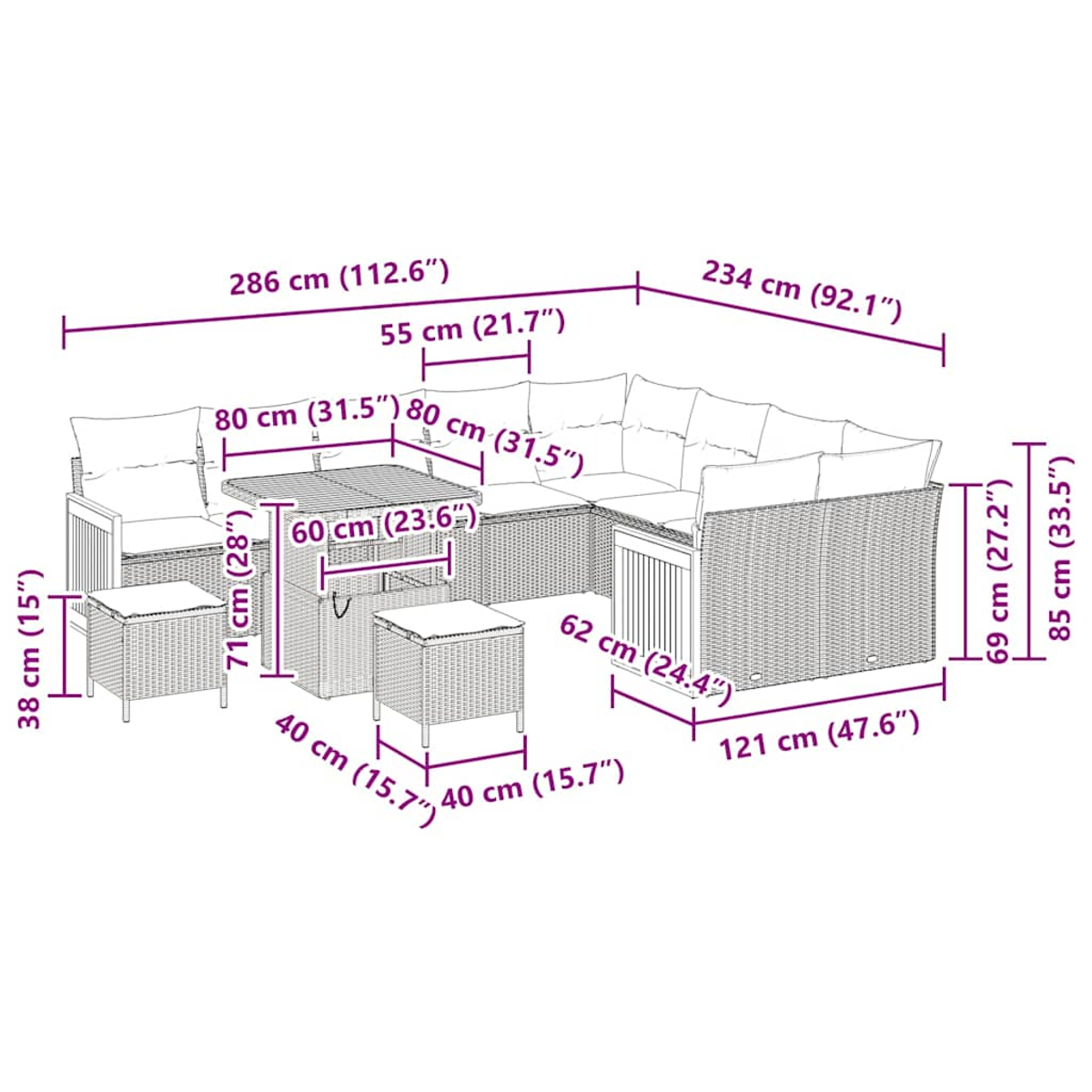 Diagramm eines Rattan-Gartenmöbelsets, einschließlich Sofa, Tisch und zwei Hockern, mit Zoll-Maßen.