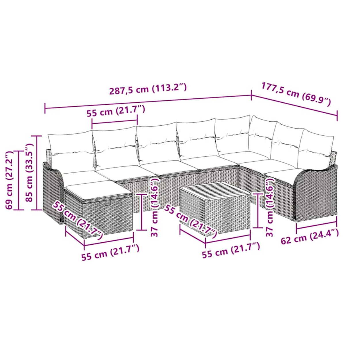 Diagrama de un juego de patio de ratán con dimensiones. Incluye sofá seccional, otomana y mesa pequeña.