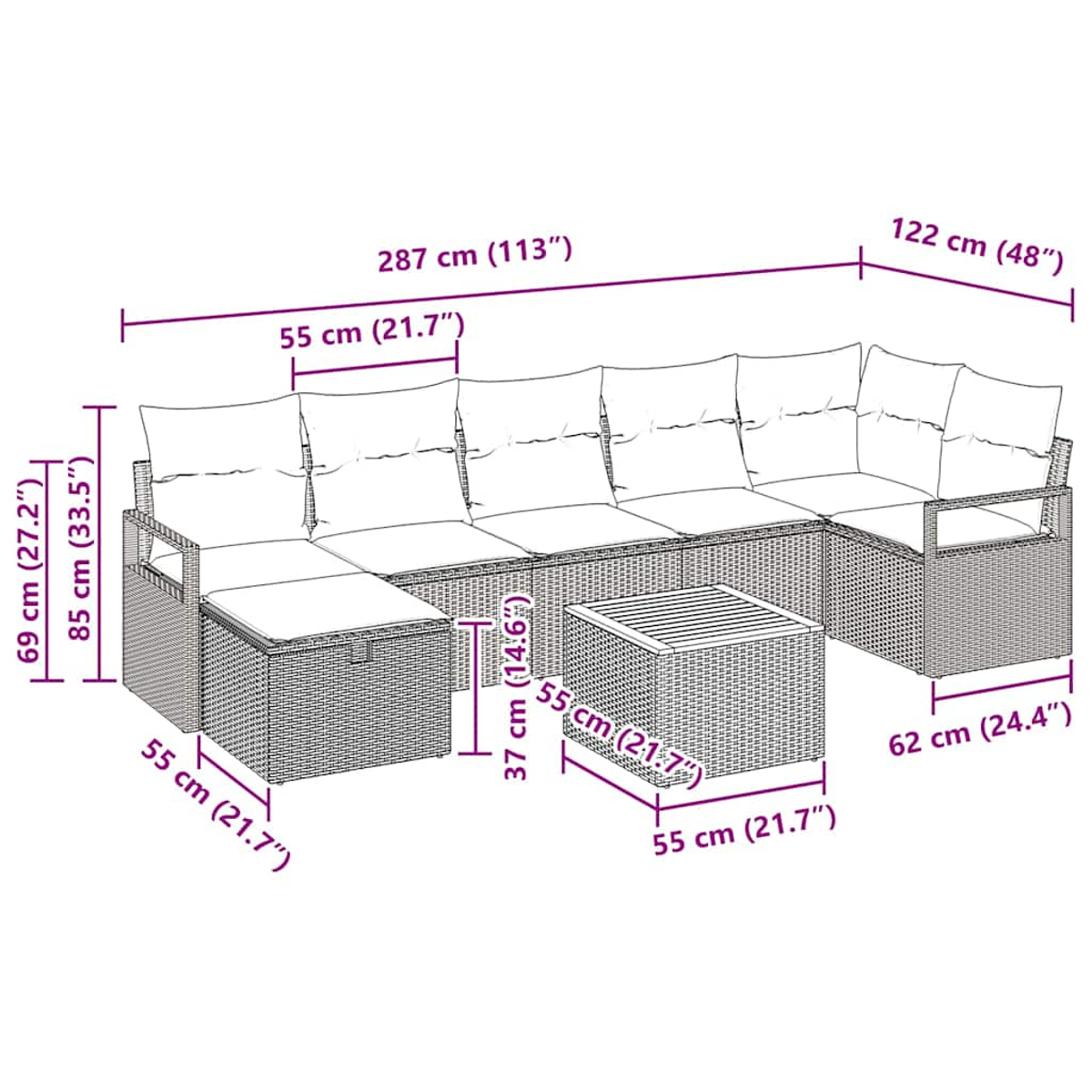 Ein Korbmöbel-Set mit Pfeilen und Maßangaben.
