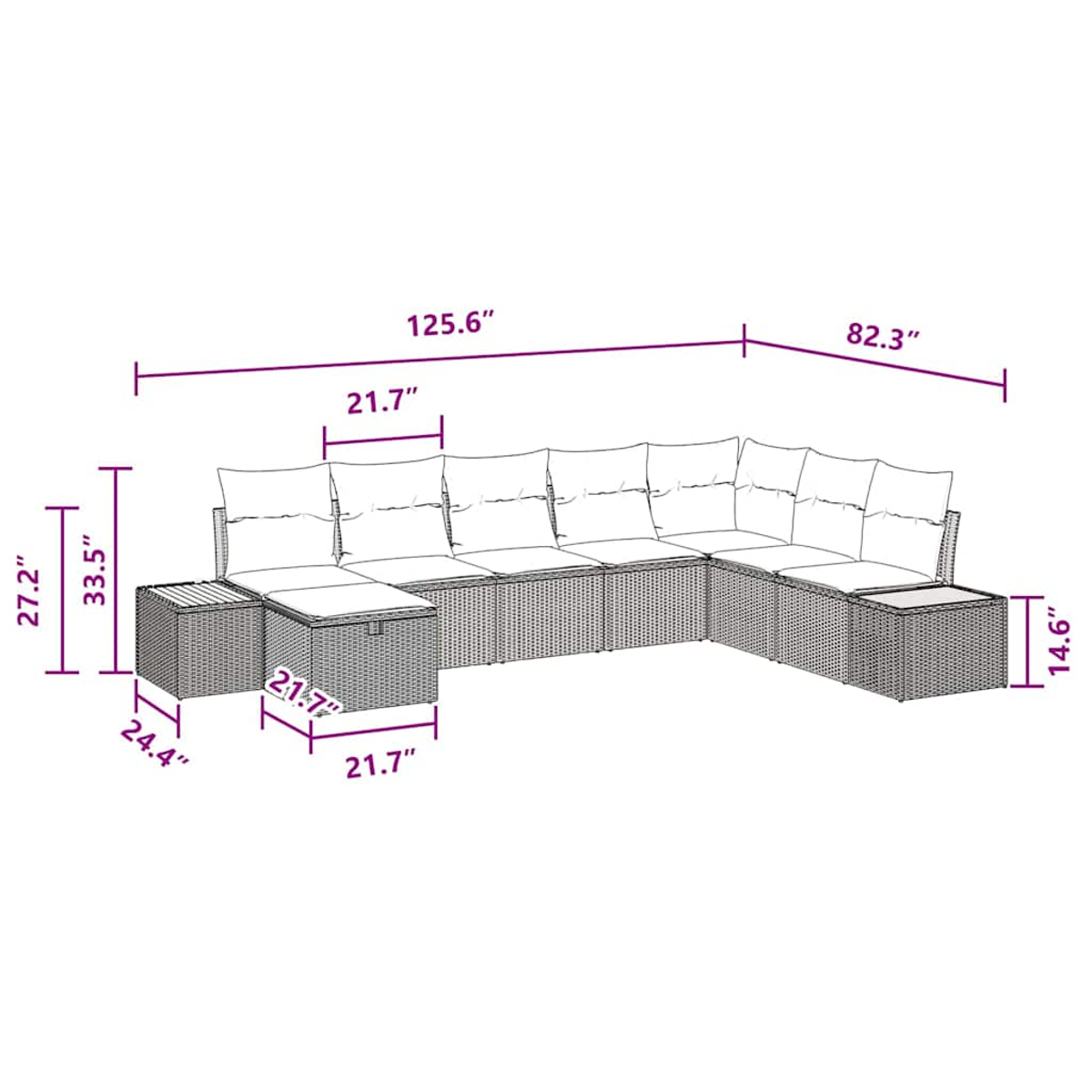 Geflochtenes Outdoor-Sofa-Set. Enthält ein Ecksofa mit im Bild beschrifteten Abmessungen.