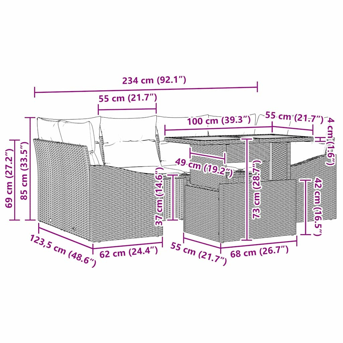 Geflochtenes Outdoor-Möbelset mit cm-Maßen. Enthält Sofa, Tisch und Stühle.