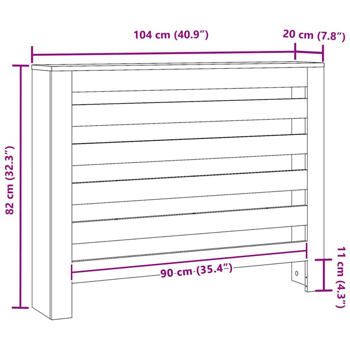 Eine Holzheizkörperabdeckung mit horizontalen Lamellen und Maßangaben. Es ist hellbraun.
