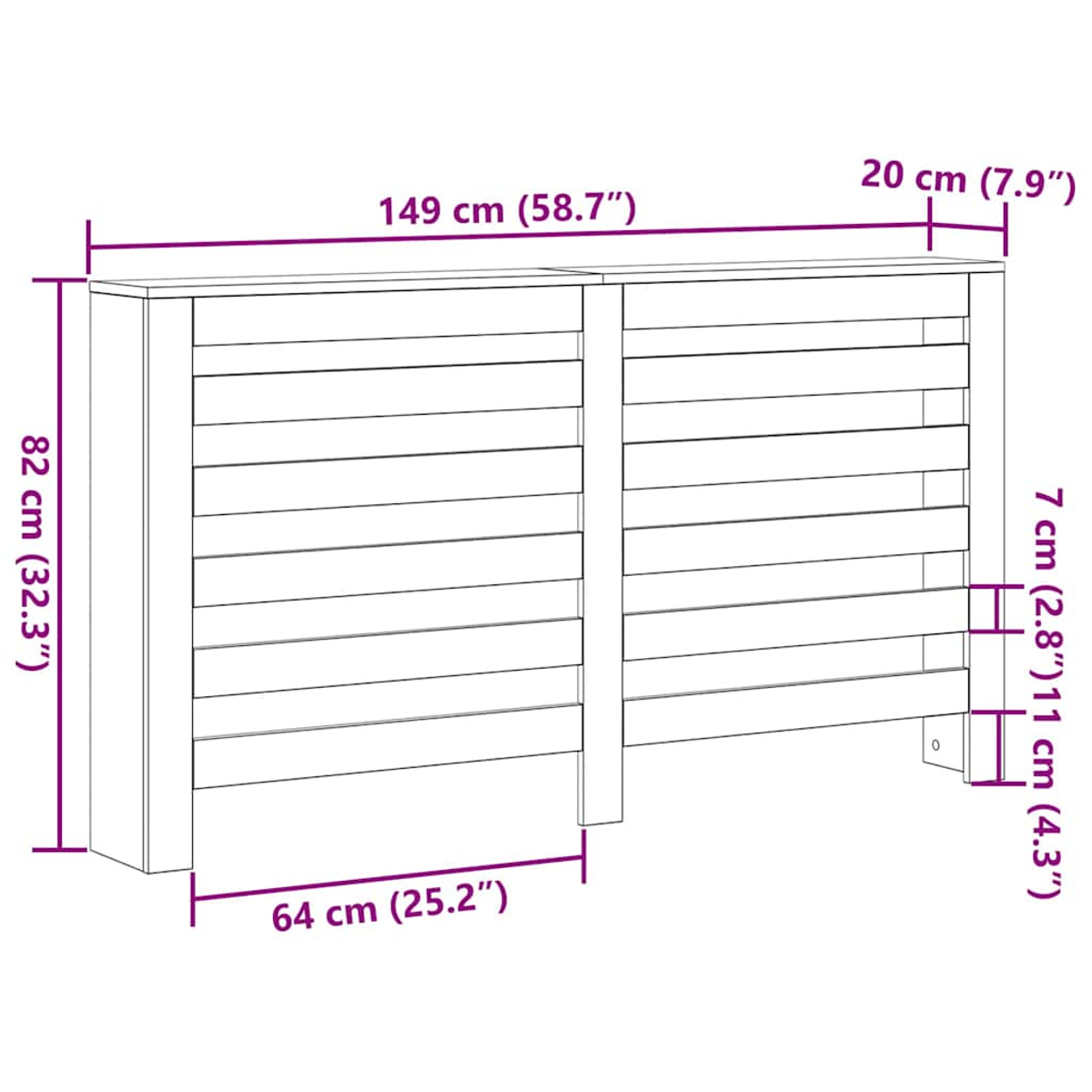 Eine Holzheizkörperabdeckung mit horizontalen Lamellen und Maßangaben. Es ist hellbraun.