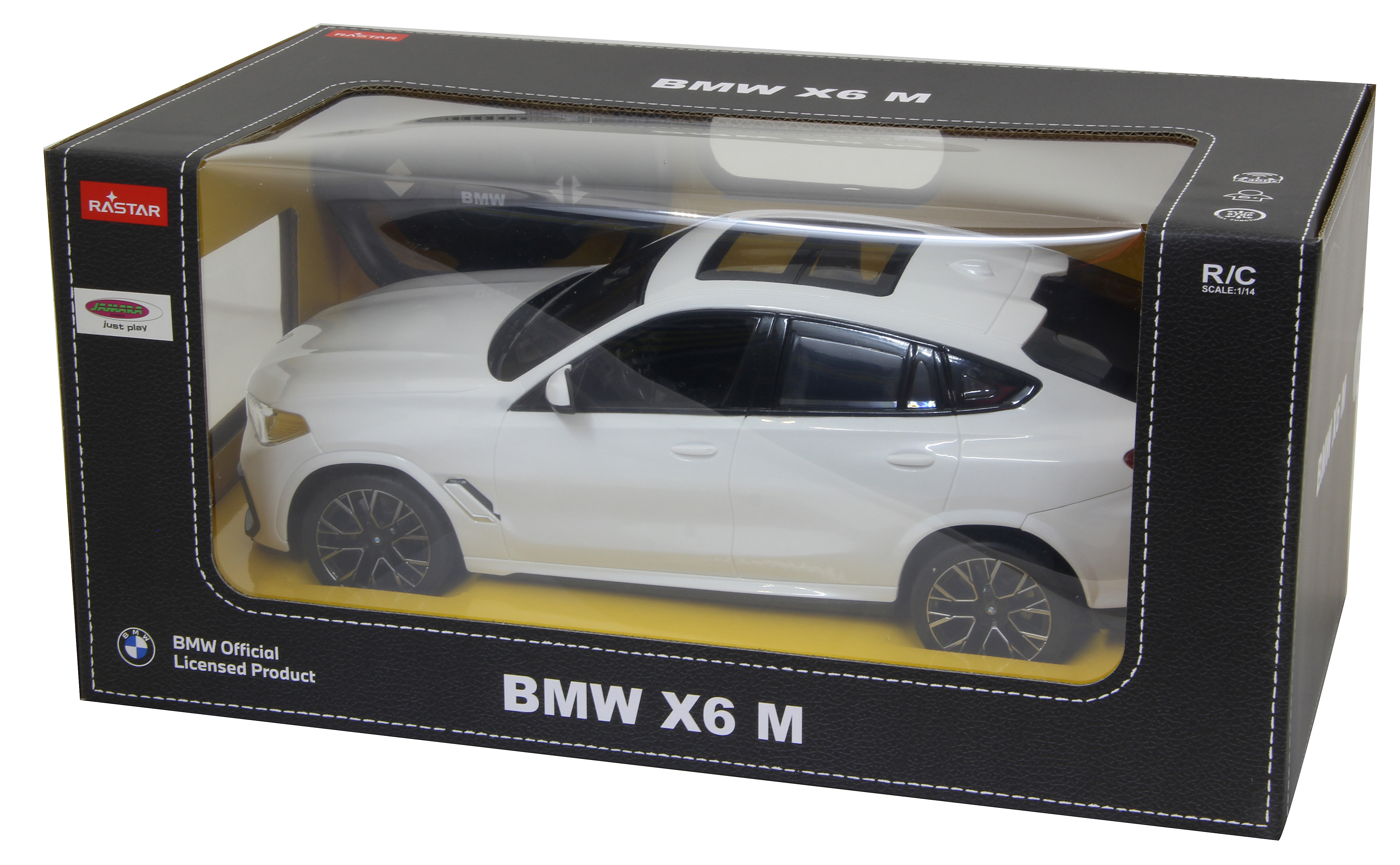 Weißes BMW X6 M Modellauto in einer Box. Das Auto ist durch ein klares Kunststofffenster sichtbar.