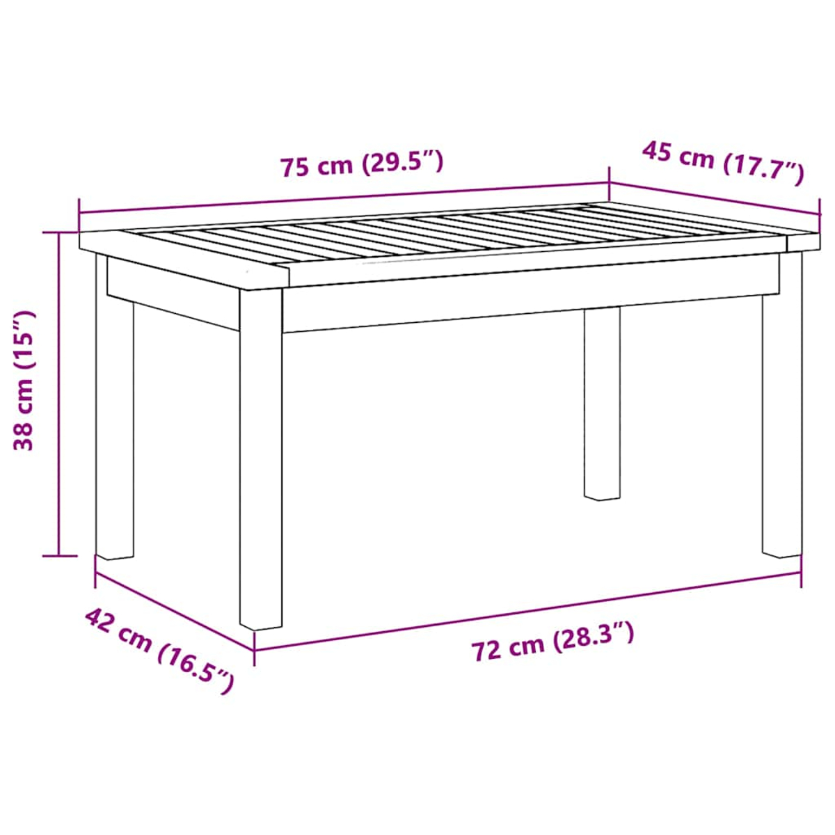 Un tavolo in legno con dimensioni etichettate. Ha un piano a doghe ed è di colore marrone chiaro.