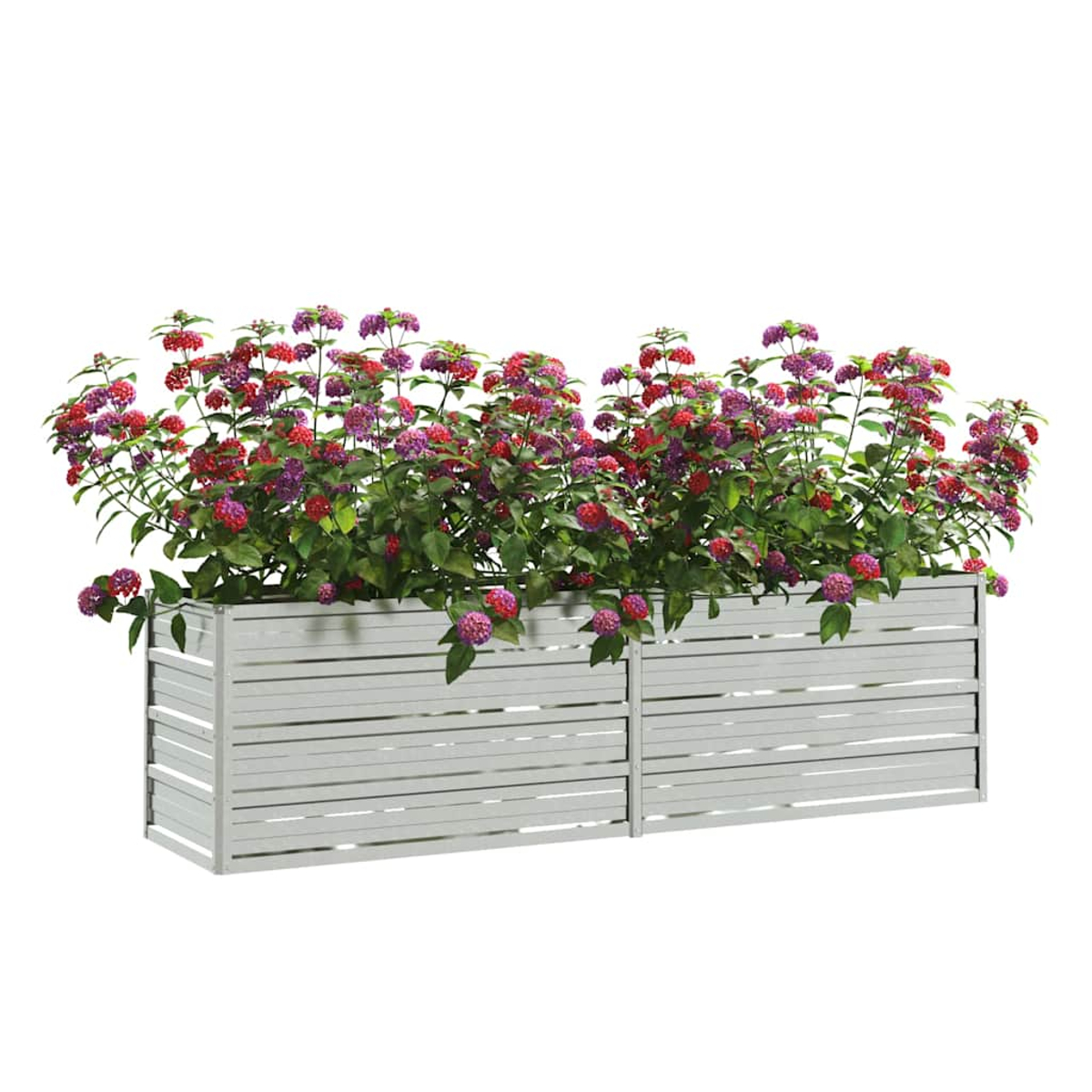 Ein rechteckiger Metall-Pflanzkübel mit bunten Blumen, vor weißem Hintergrund.