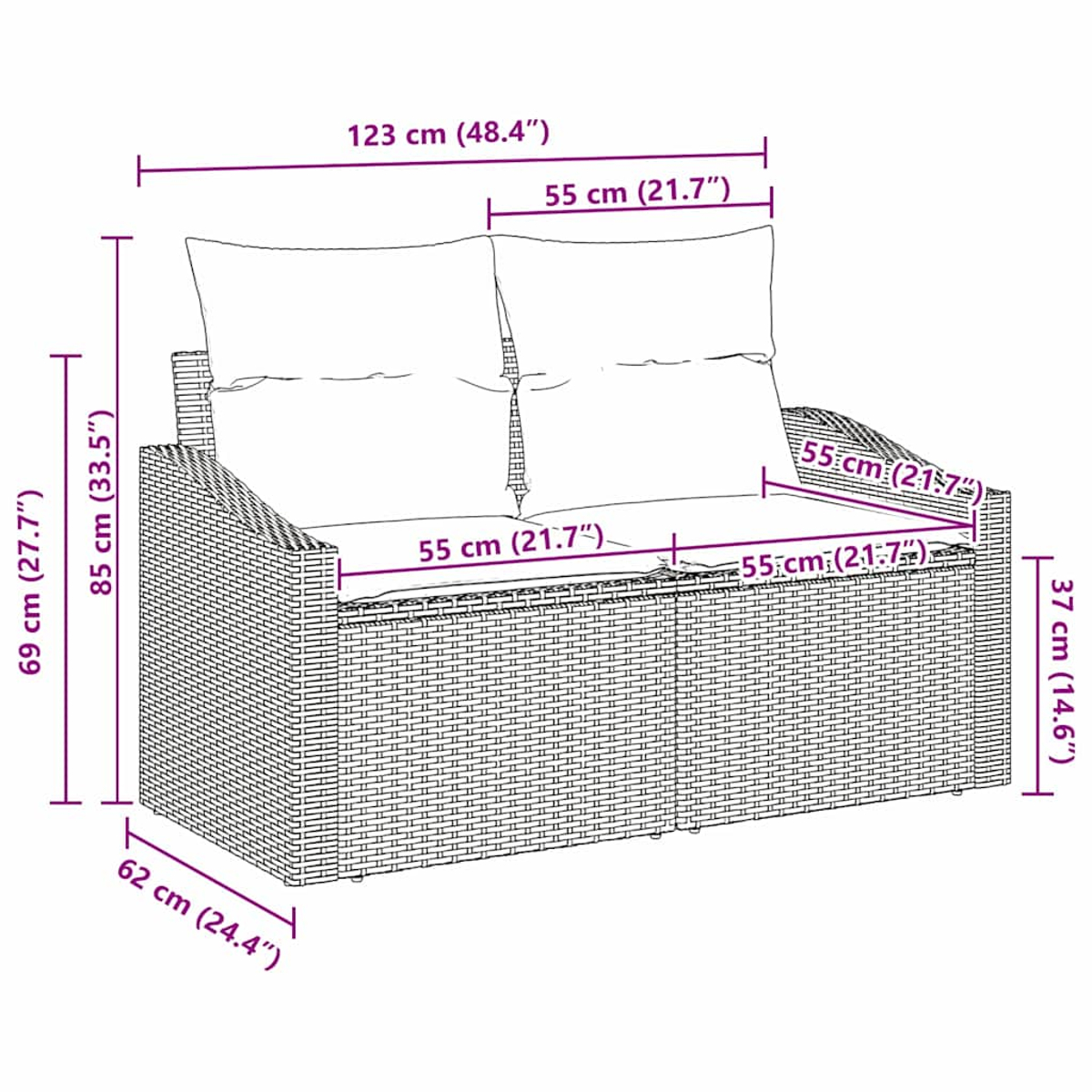 Divano in vimini con dimensioni etichettate, con due cuscini e un design intrecciato, su sfondo bianco.