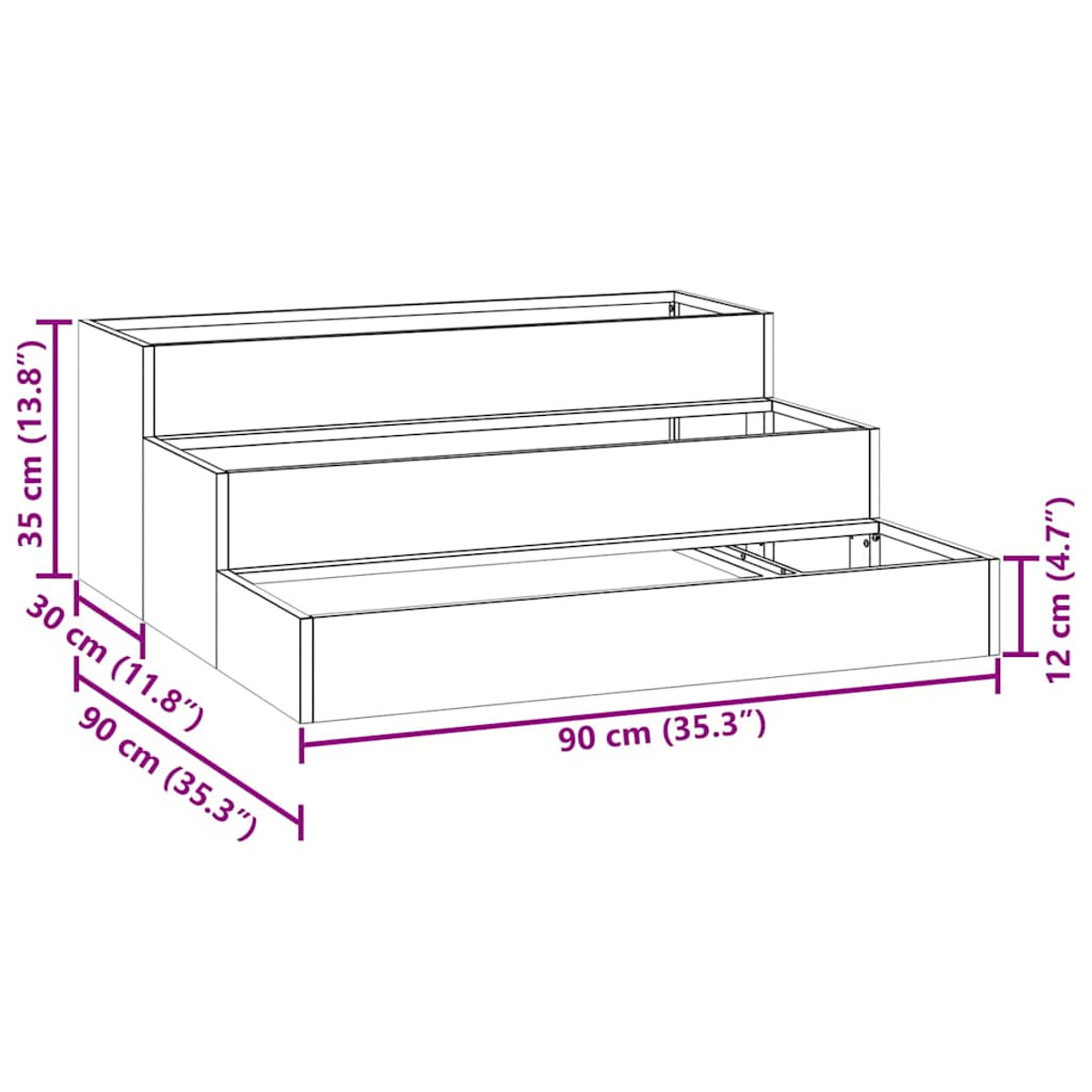 Un'unità di stoccaggio bianca con tre livelli. Le dimensioni sono etichettate in cm e pollici. Ha un design a gradini.