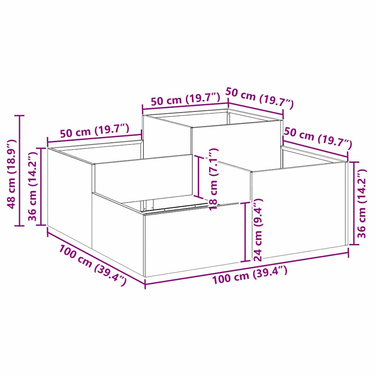 Un diagramma che mostra un'aiuola rialzata all'aperto con dimensioni etichettate in cm.