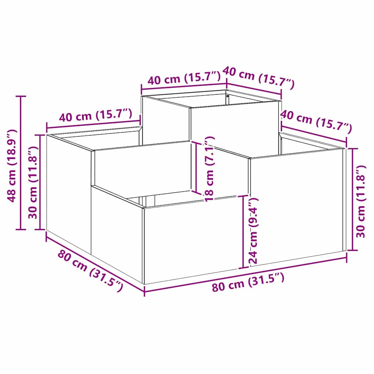 Un diagramma bianco di una fioriera modulare con dimensioni. La fioriera è divisa in sezioni con misure etichettate.