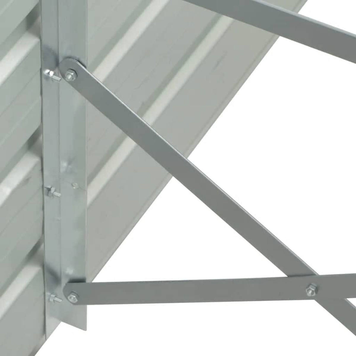 Nahaufnahme einer Metallzaunverbindung. Es zeigt die Verbindung von horizontalen Paneelen mit vertikalen Stützen mit Bolzen.