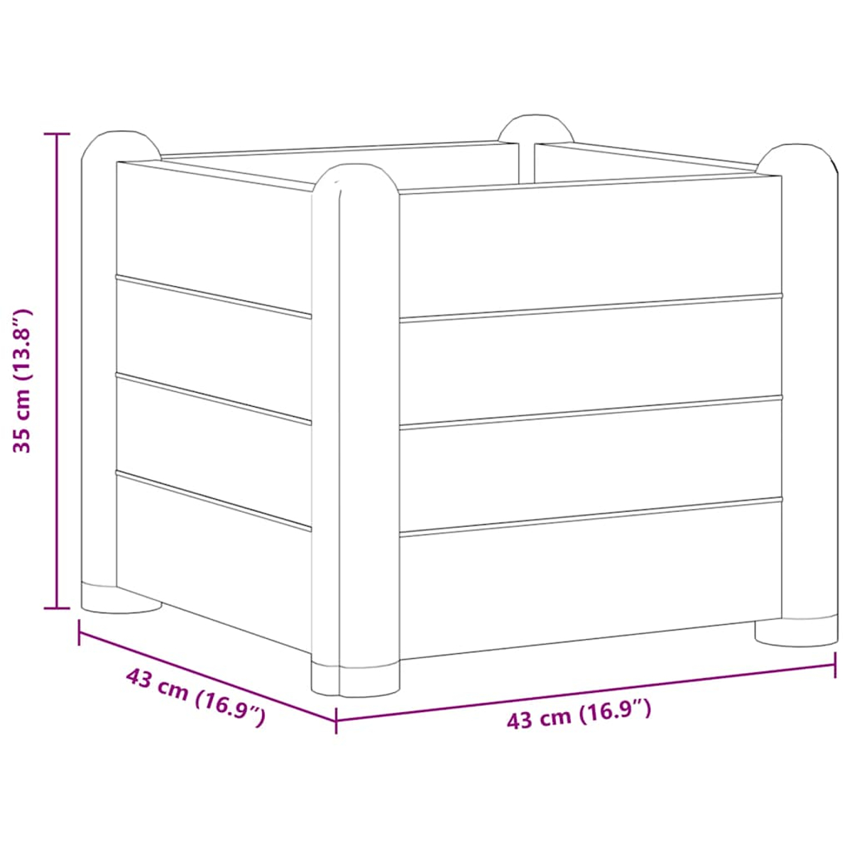 Ein quadratischer brauner Pflanzkasten mit abgerundeten Eckpfosten. Die Box hat horizontale Bretter.