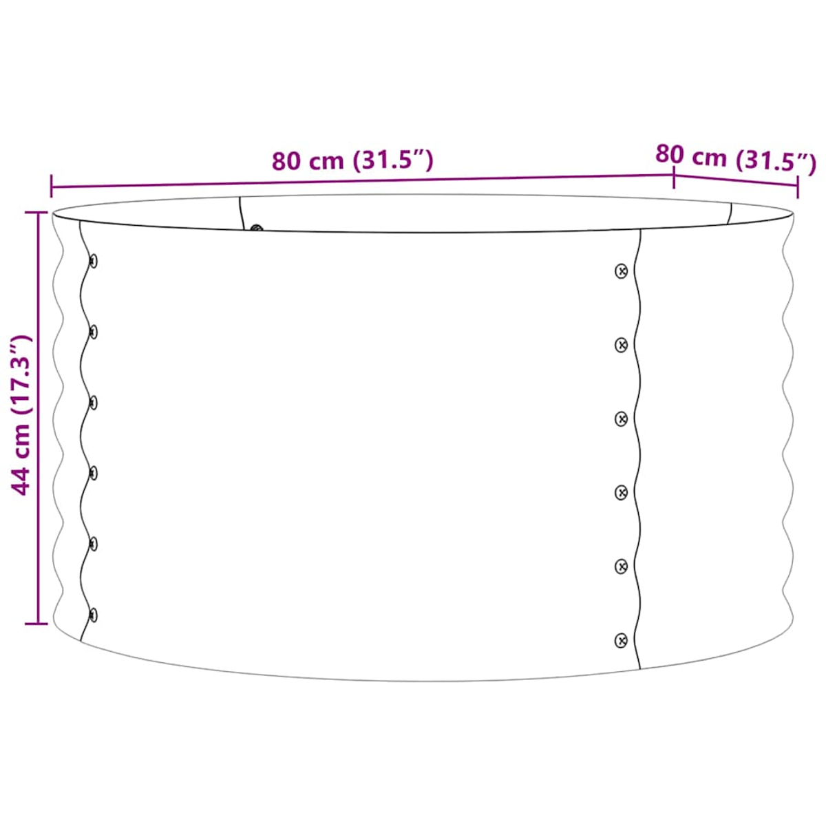 Diagramma di una fioriera rotonda con dimensioni.