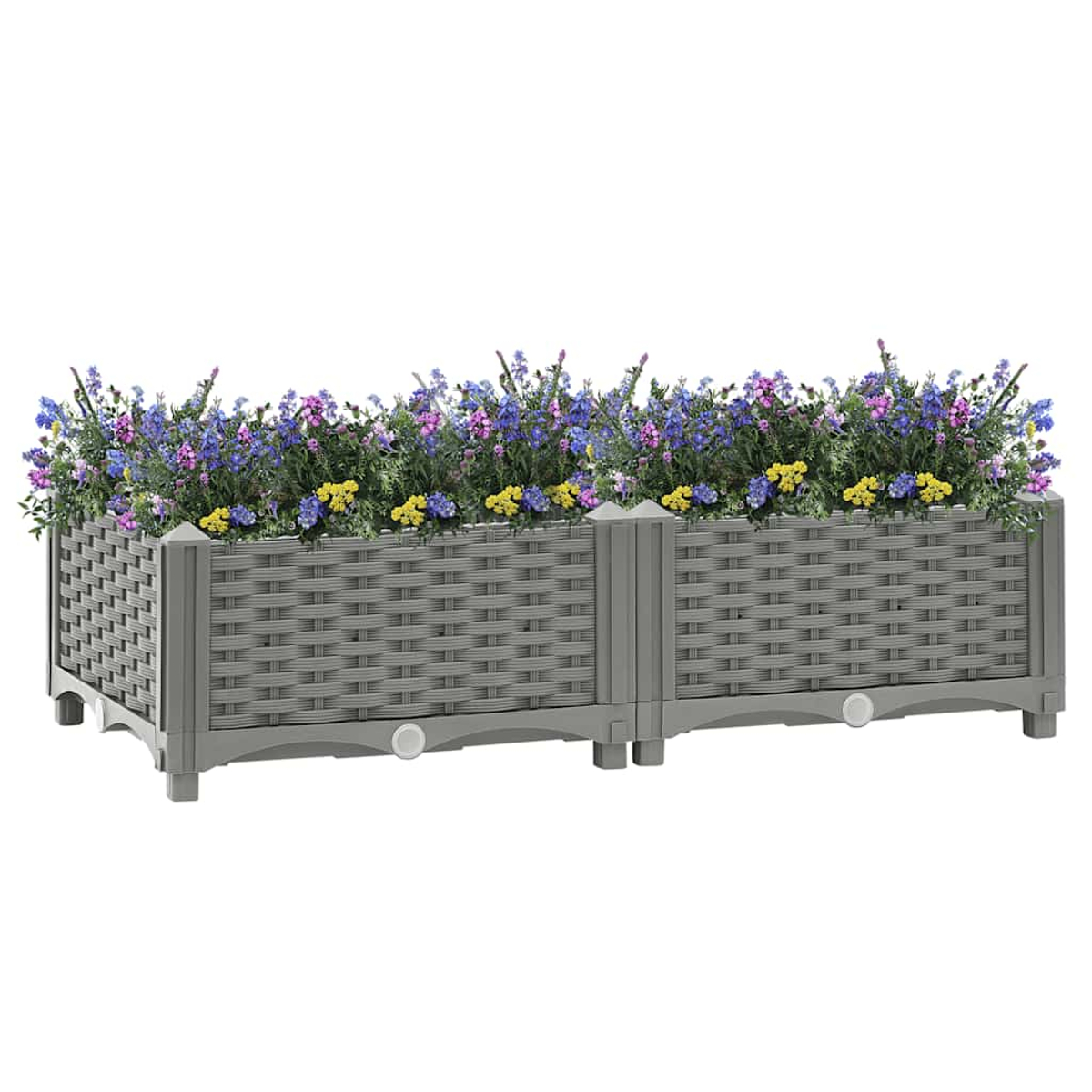 Eine graue Pflanzkasten gefüllt mit bunten Blumen.