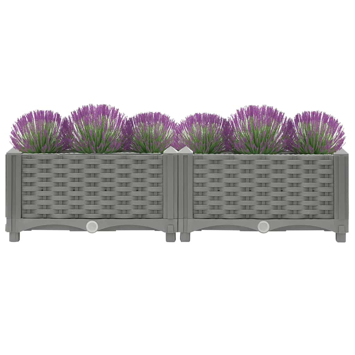 Ein grauer geflochtener Pflanzkasten mit lila Blumen.