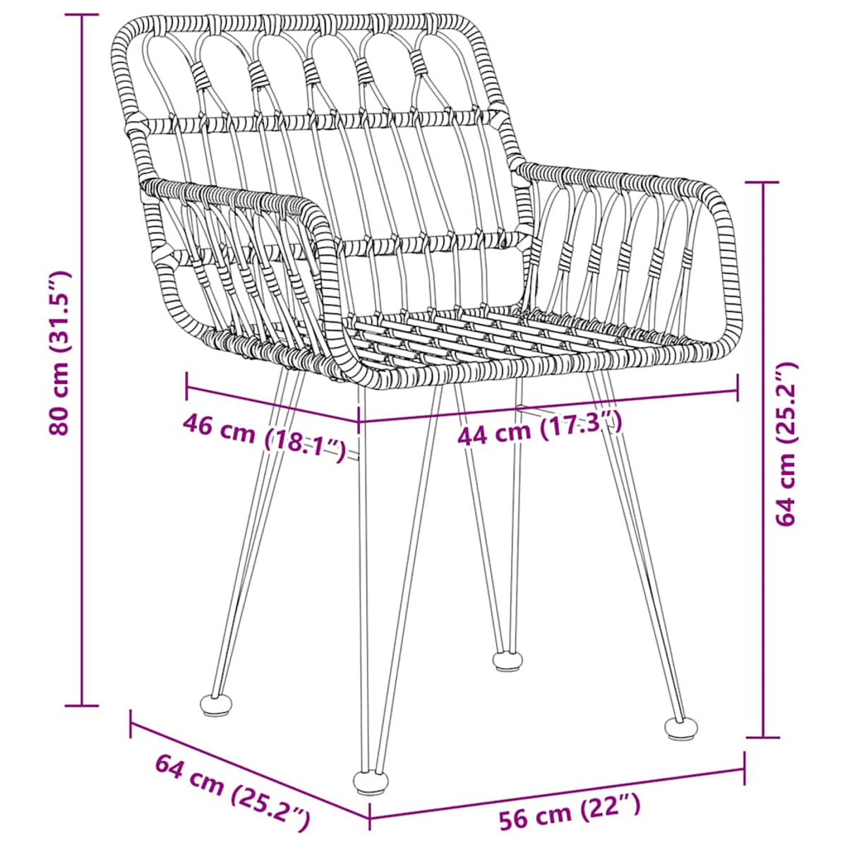 Metall-Outdoor-Stuhl mit gewebtem Design. Das Bild zeigt die Abmessungen in cm und Zoll für den Stuhl.