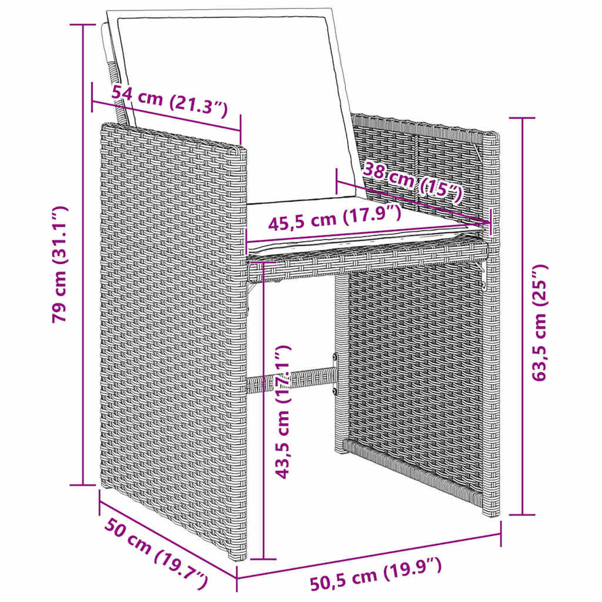 Rattan-Sessel-Skizze mit beschrifteten Abmessungen. Sitz und Rückenlehne sind sichtbar. Maße in cm und Zoll.
