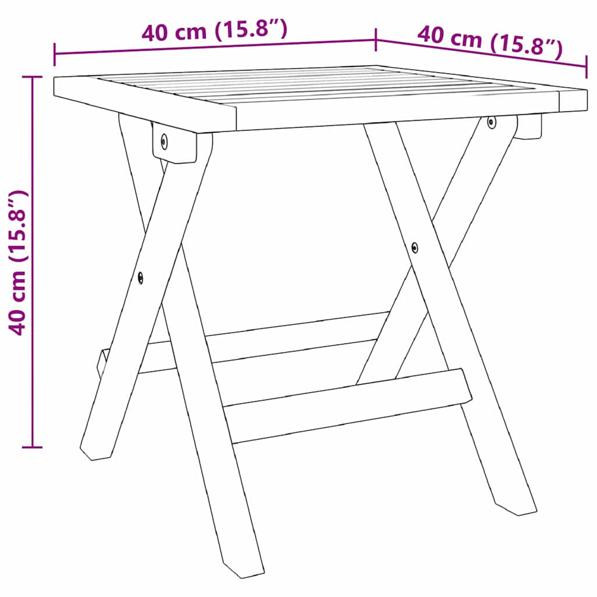 Ein quadratischer Klapptisch mit Lattenrost. Abmessungen werden durch Linien und Messungen angezeigt.