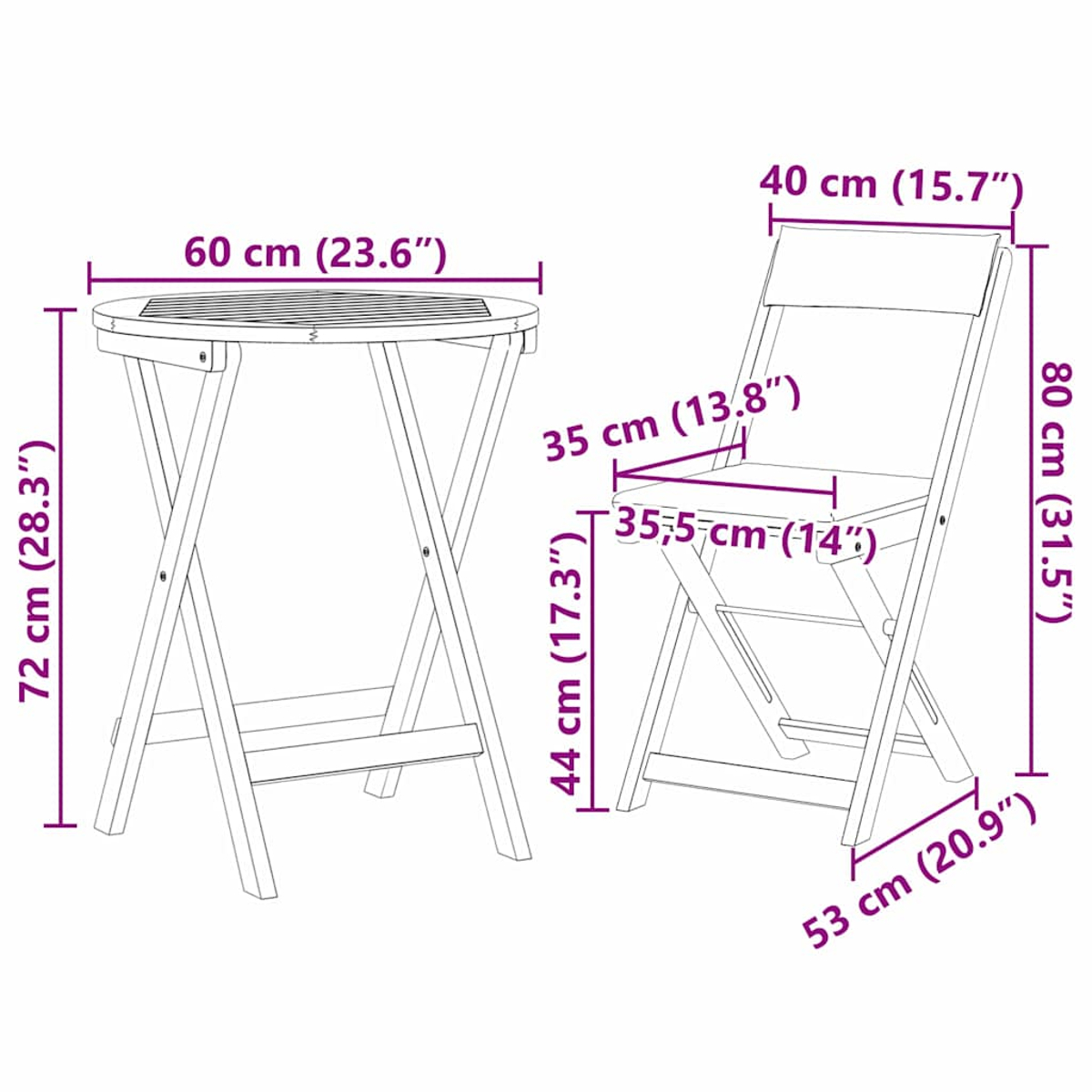 Mesa y silla plegables, vista lateral, muestra las dimensiones en centímetros y pulgadas de alto, ancho y fondo.