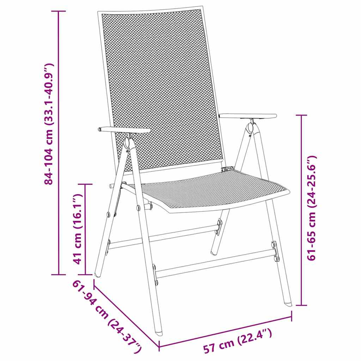 Klappstuhl, Seitenansicht, zeigt Abmessungen in Zentimetern und Zoll für Höhe, Breite und Tiefe.
