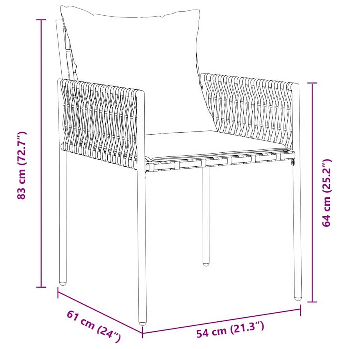 Rattan-Stuhl mit Kissen und Armlehnen. Abmessungen sind angegeben.