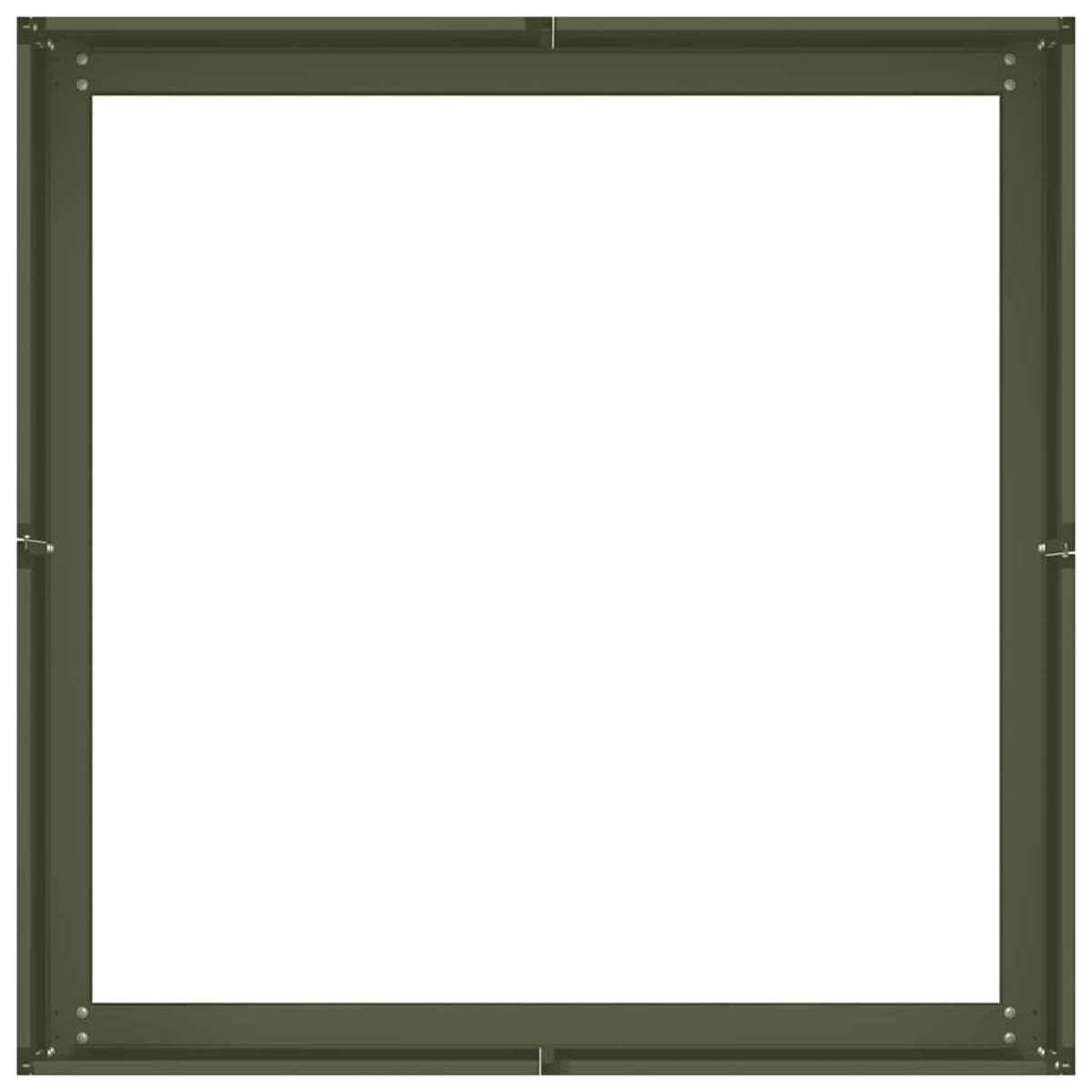Una cornice quadrata verde con interno bianco e supporti angolari in metallo.