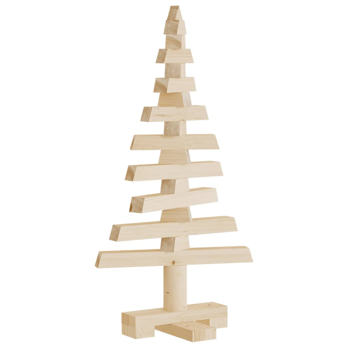 Ein Weihnachtsbaum aus Holz, der aus gestapelten rechteckigen Blöcken besteht.