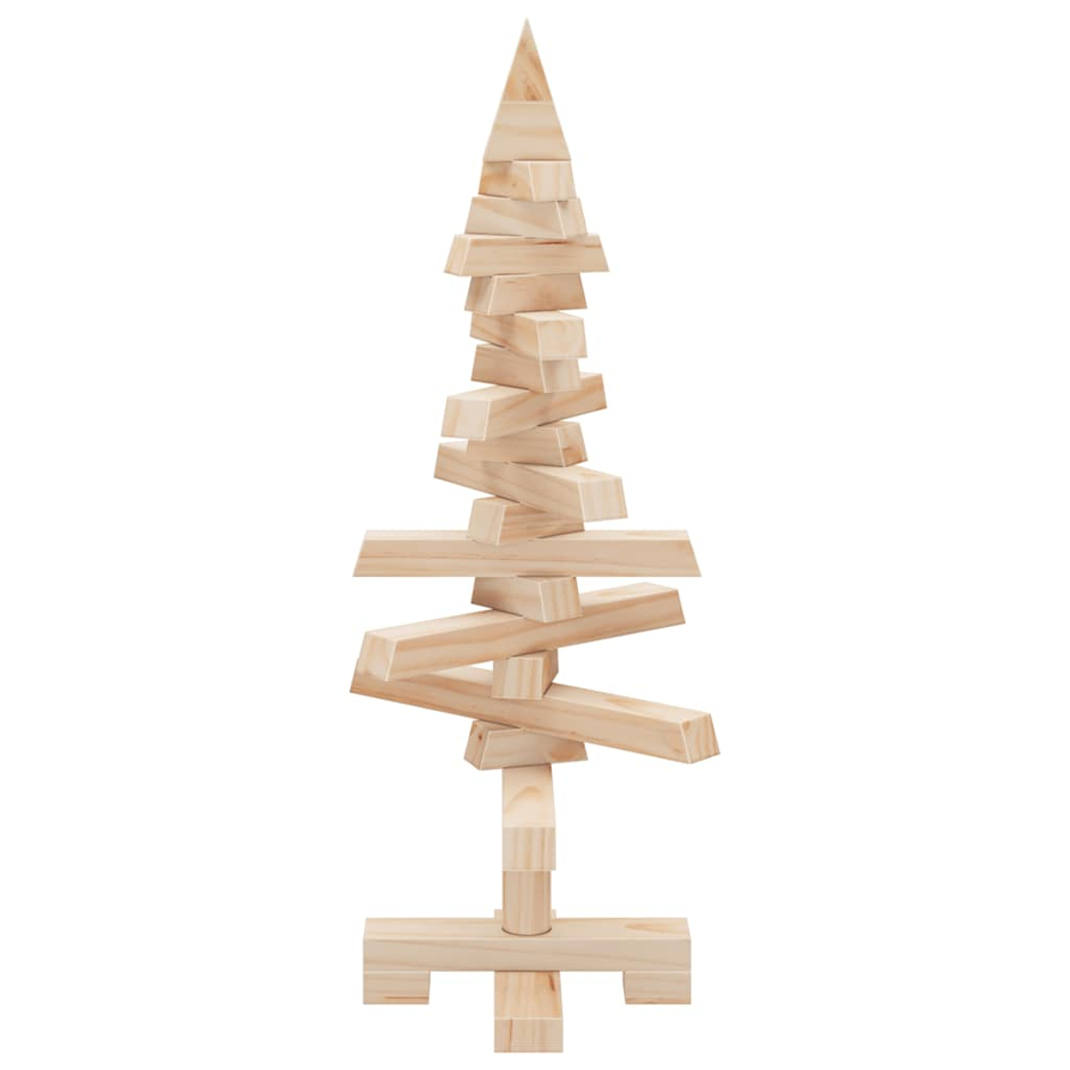 Ein Weihnachtsbaum aus Holz, der aus gestapelten rechteckigen Blöcken besteht.