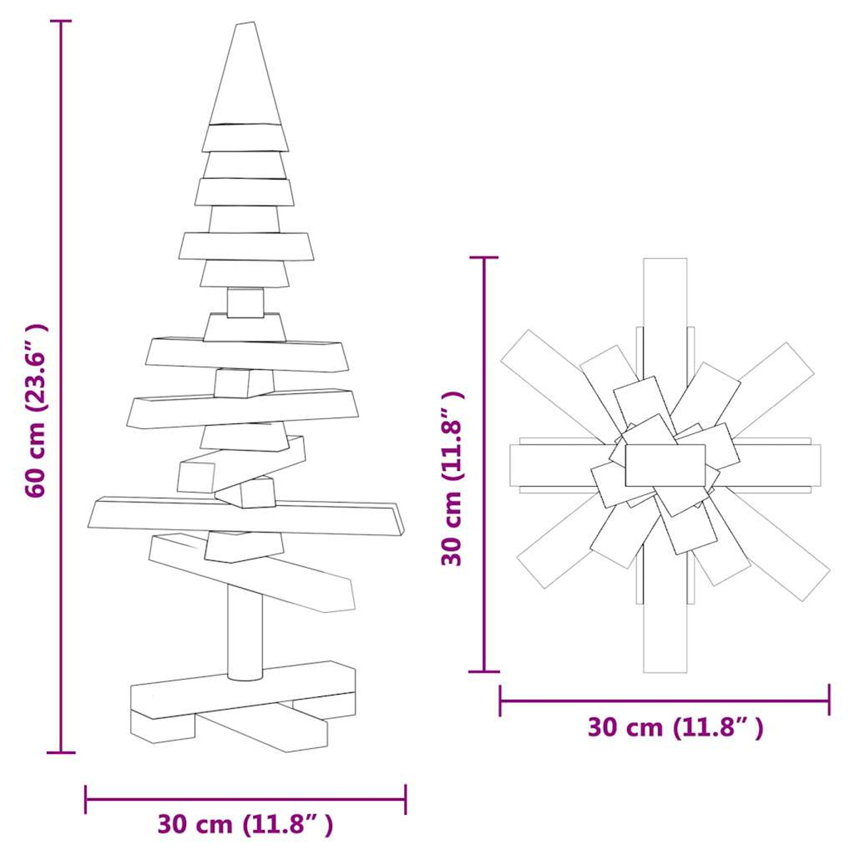 Diagramm mit den Abmessungen eines Weihnachtsbaums aus Holzblöcken. Baum ist 60 cm hoch und 30 cm breit.