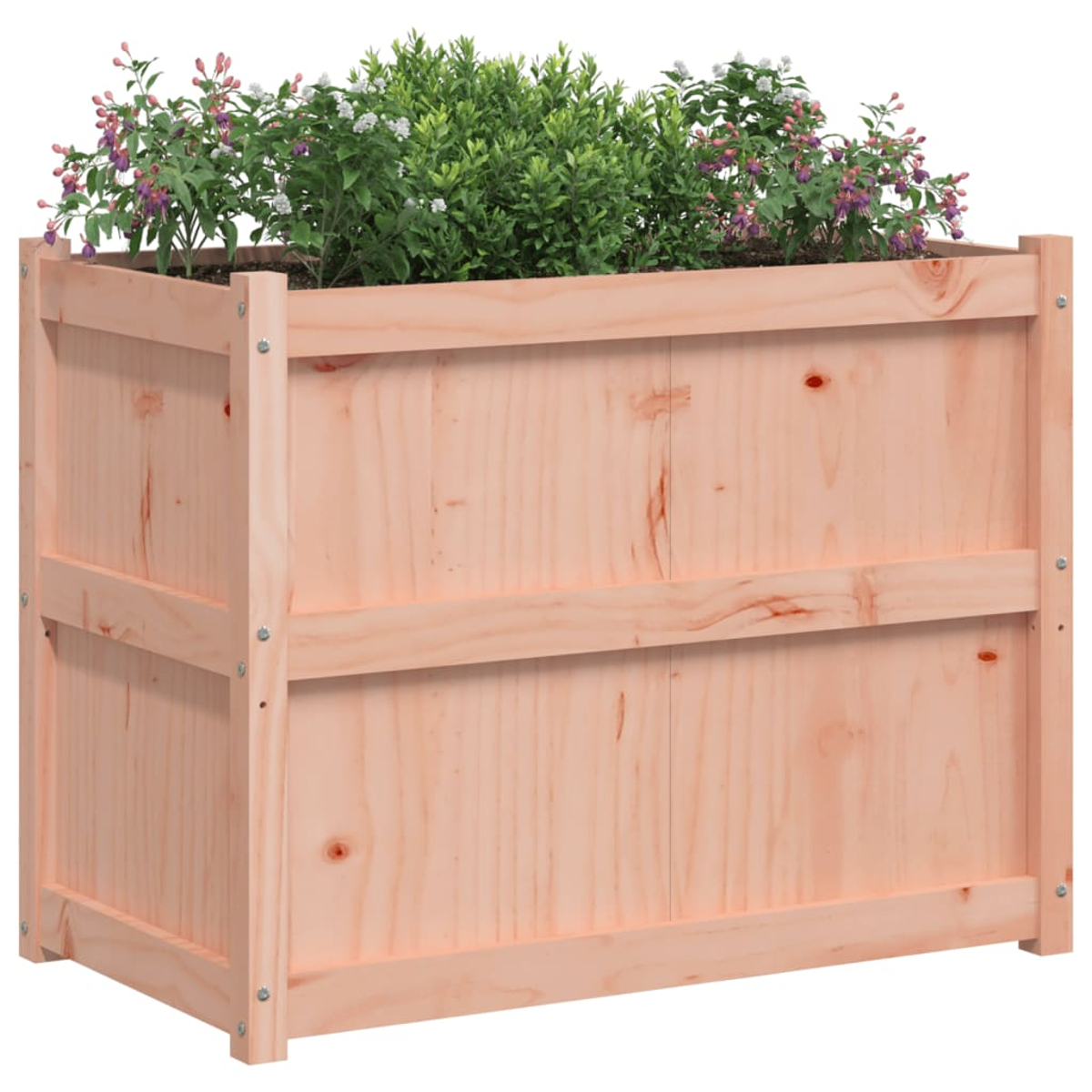 Holzpflanzkasten mit Pflanzen, hellbraun, gefüllt mit grünen und rosa Pflanzen.