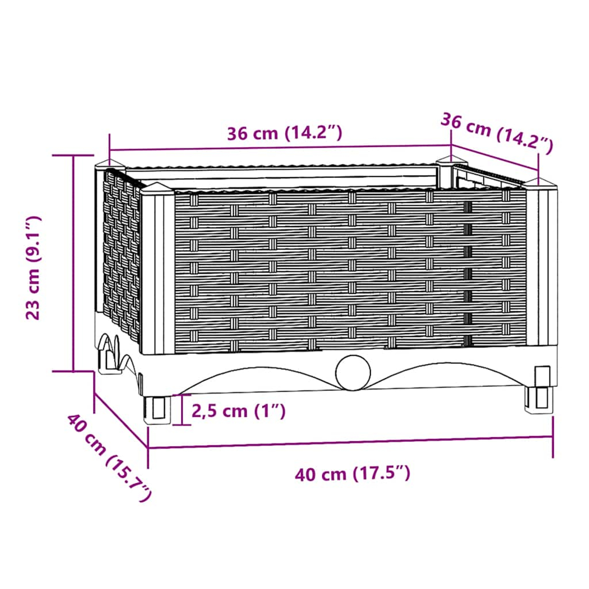 Diagramm des Pflanzkastens mit Maßen: 40 cm lang, 36 cm breit und 23 cm hoch. 2,5 cm Basis.