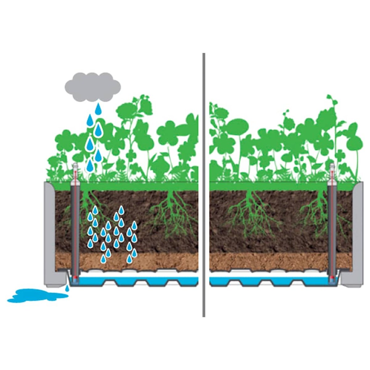 Diagramm eines Pflanzkastens, das den Wasserfluss zeigt, mit Regen links und einem trockenen Zustand rechts.