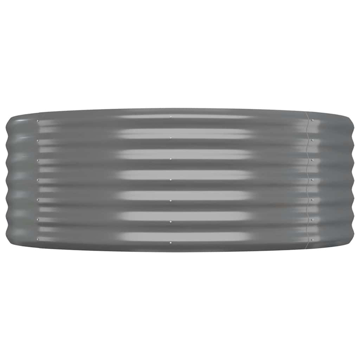 Ein grauer, kreisförmiger Metallpflanzer mit einem wellenförmigen Design. Es hat horizontale Rippen, die sich um seine Form wickeln.