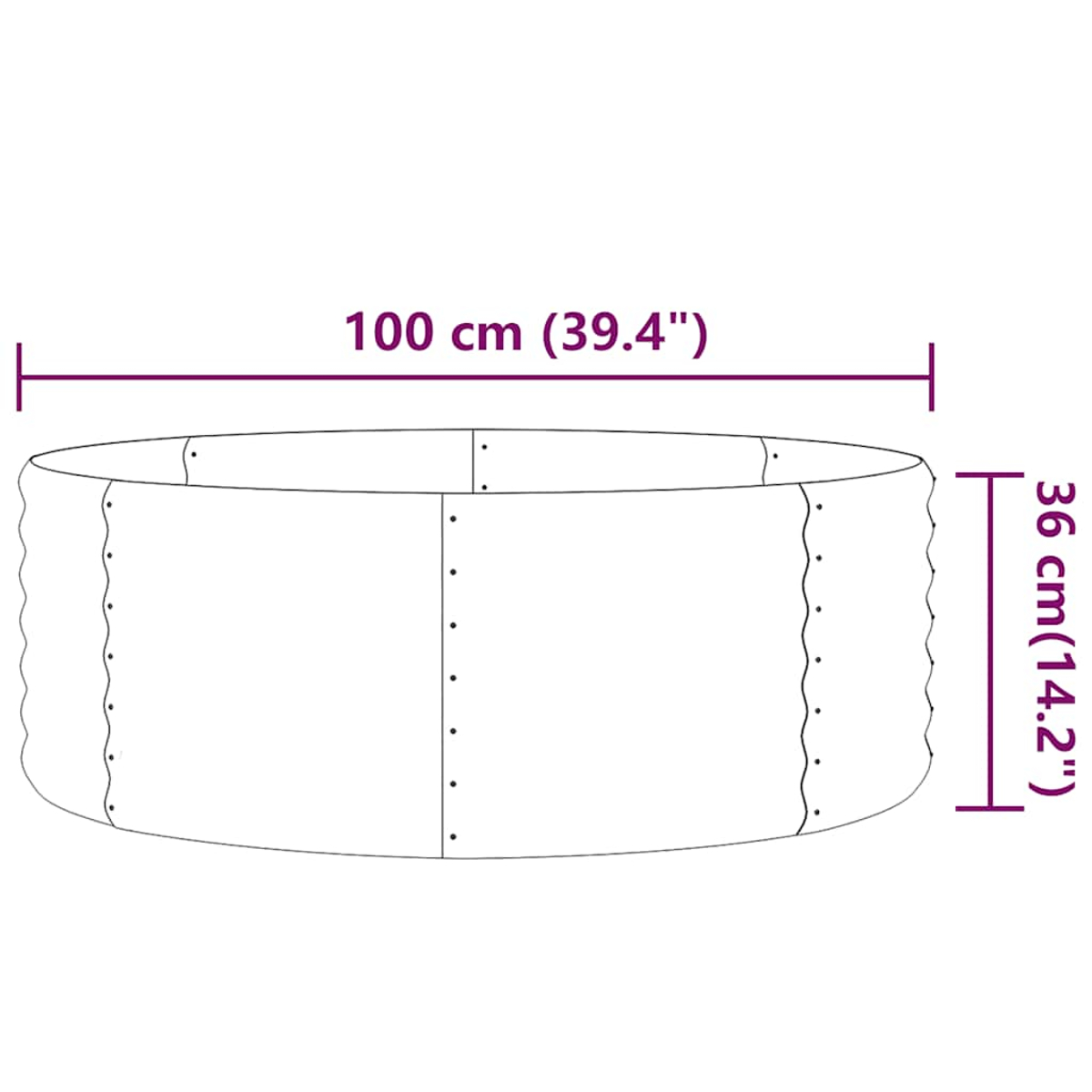 Diagramm eines zylindrischen Pflanzgefäßes mit den Maßen: 100 cm (39,4") Länge und 36 cm (14,2") Höhe.