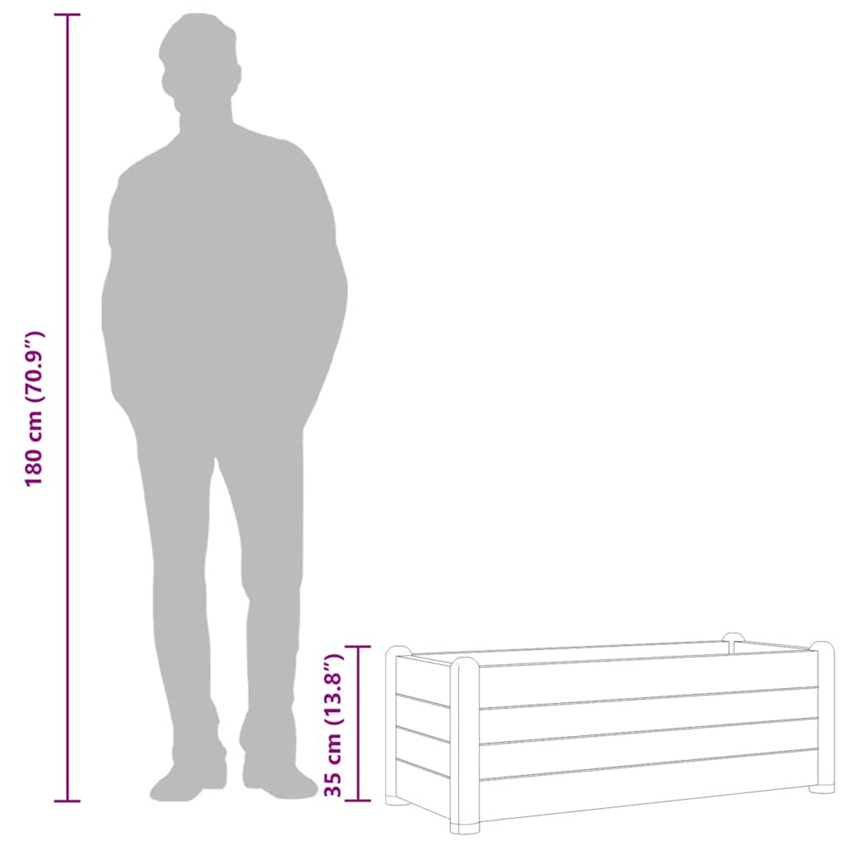 Ein Diagramm, das eine Person neben einem Pflanzgefäß mit Abmessungen in Zentimetern und Zoll zeigt.