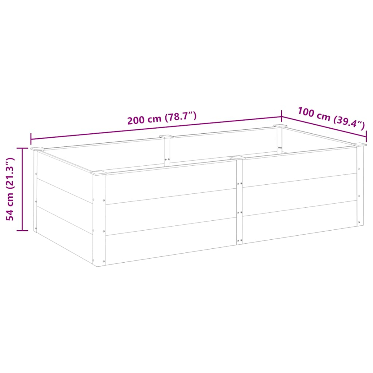 Rechteckiger Pflanzkübel mit Maßen. Es besteht aus weißen Brettern. Es ist 200 cm lang, 100 cm breit und 54 cm hoch.
