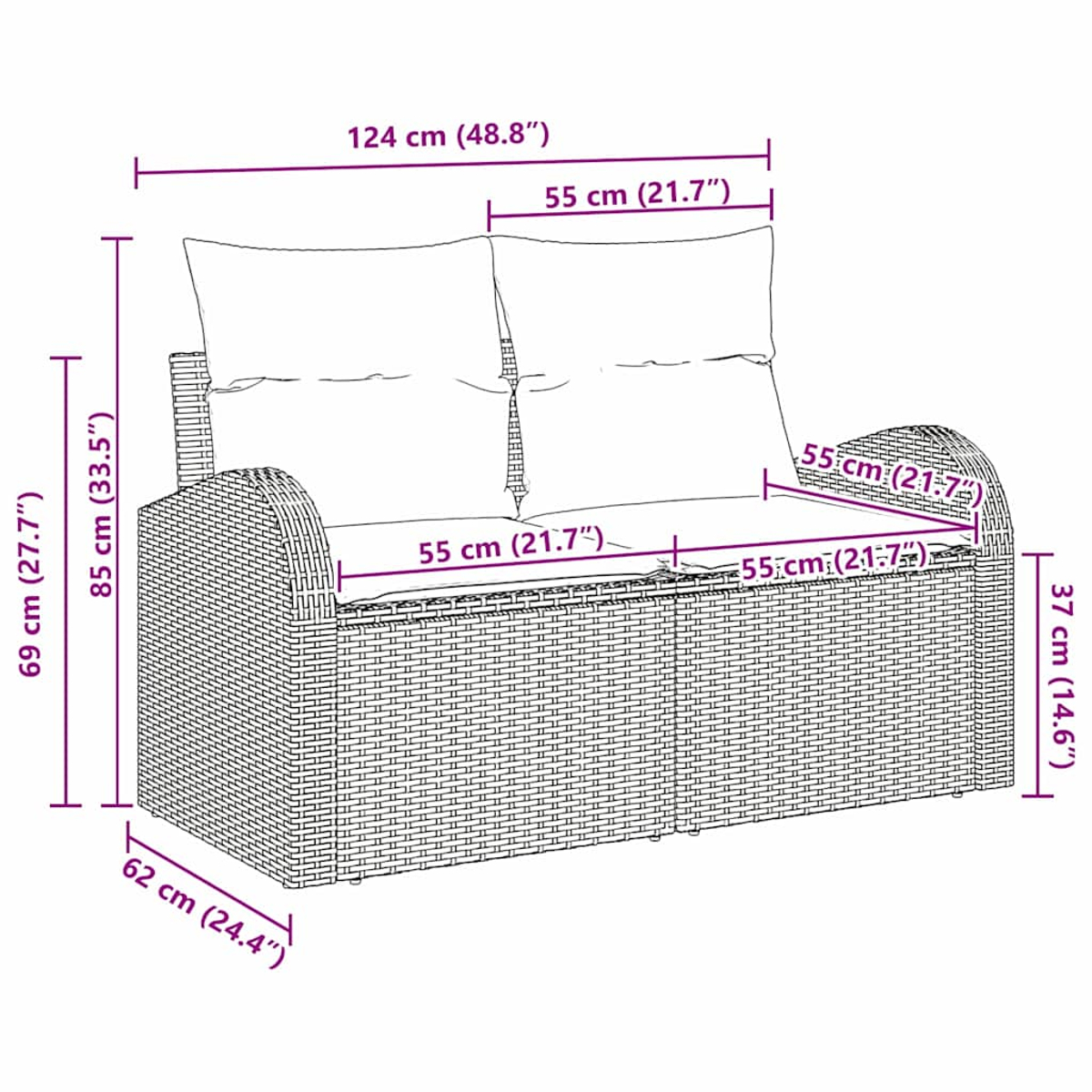 Ein Rattansofa mit zwei Kissen. Abmessungen: 124 cm x 62 cm x 85 cm.