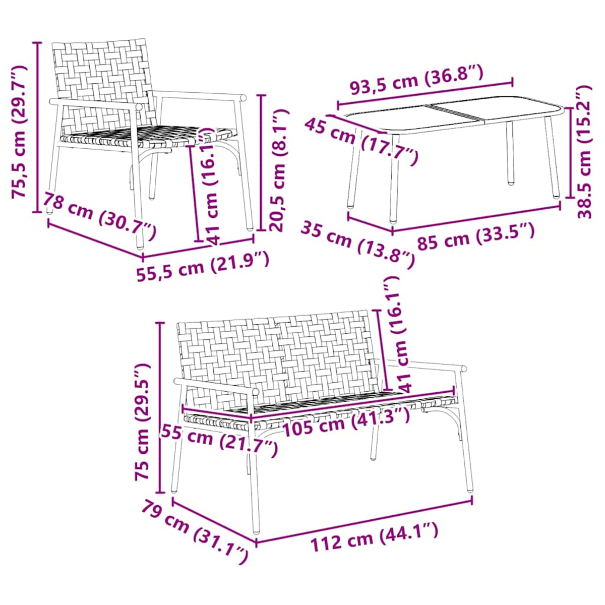 Diagramm mit Maßen von Gartenmöbeln.