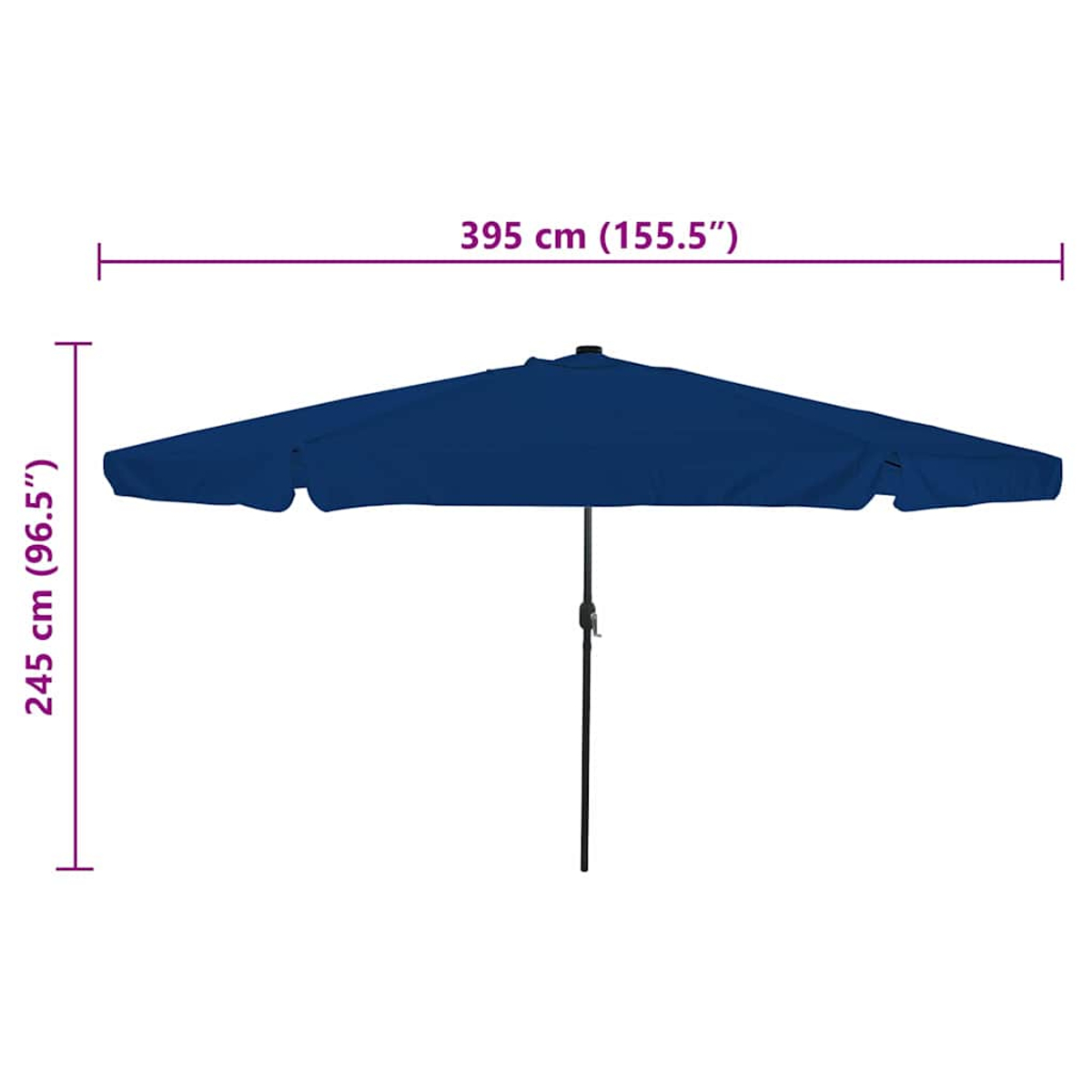 Un grande ombrellone blu scuro. Dimensioni: 395 cm x 245 cm.
